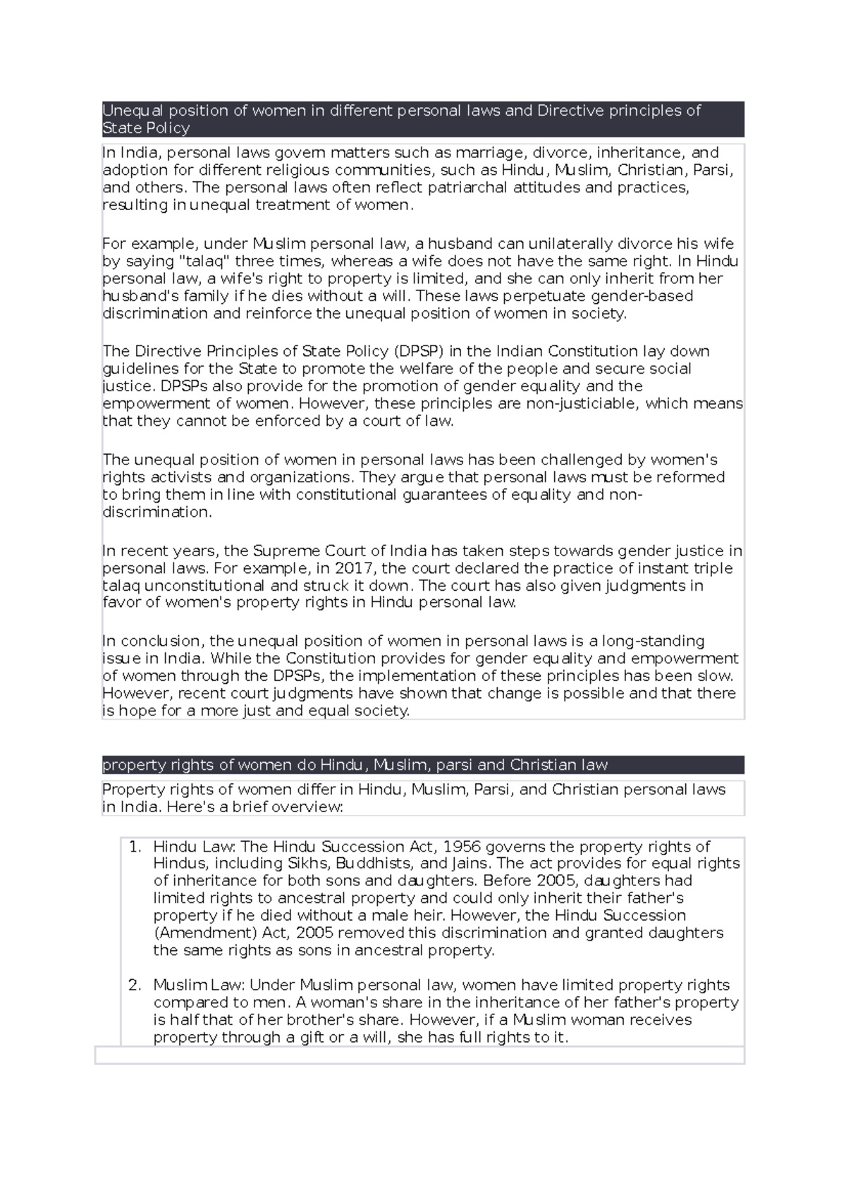 Gender Inequality in Personal Laws in India: A Critical Analysis - Studocu