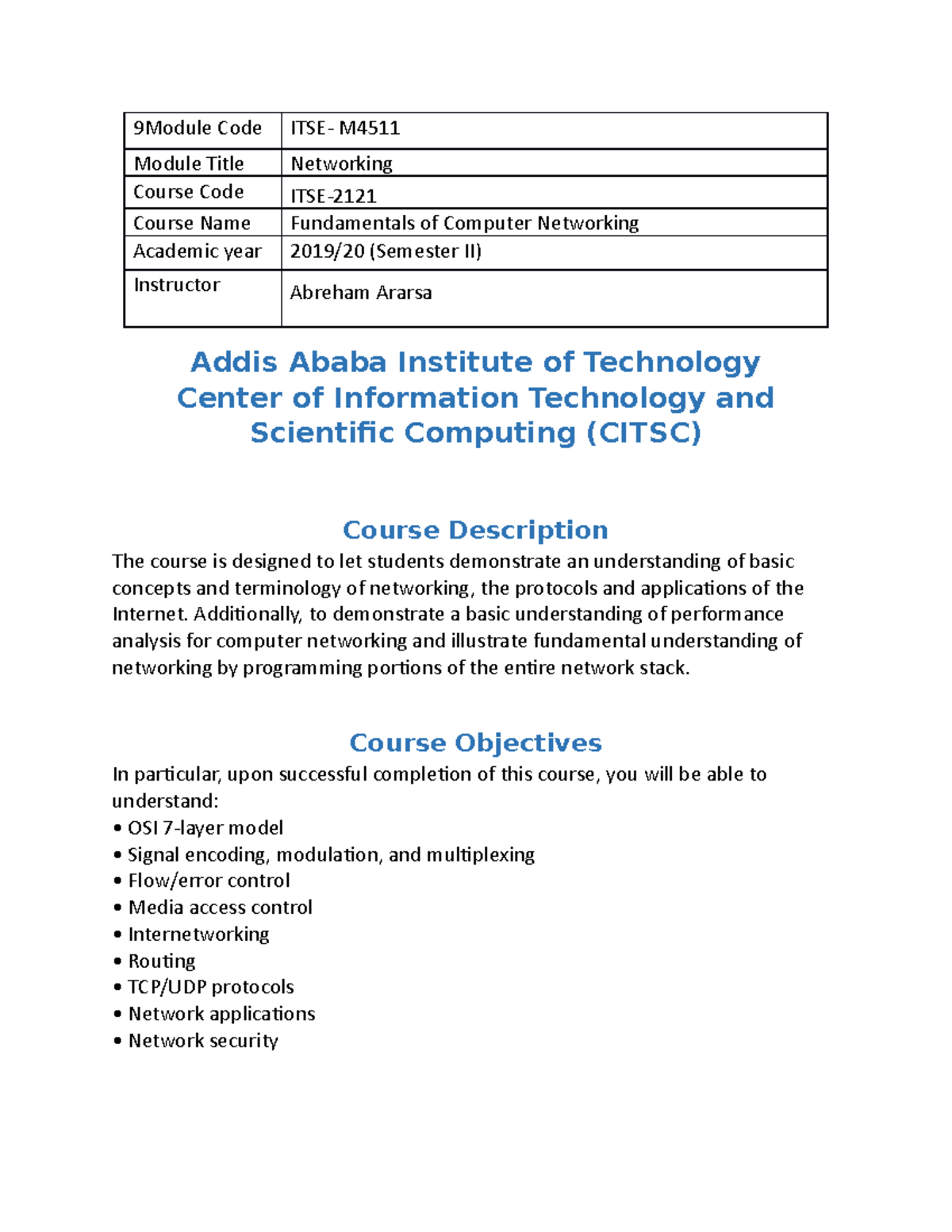 ITSE - Fundamentals of Computer Networking Course Outline 2019/20 - Studocu