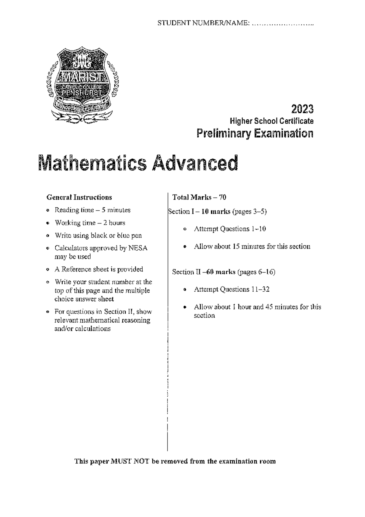 Yr11 Math Advanced Preliminary Exam Paper 2023 - Total Marks 70 - Studocu