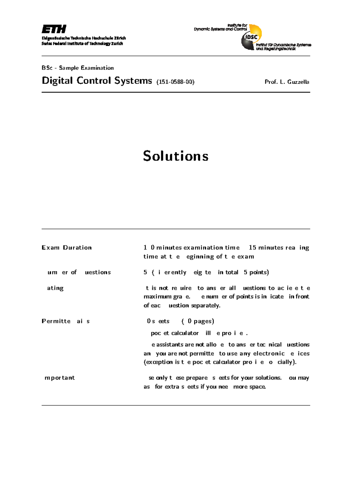 Digital Control Systems: Sample Exam Questions (151-0588-00) - Studocu