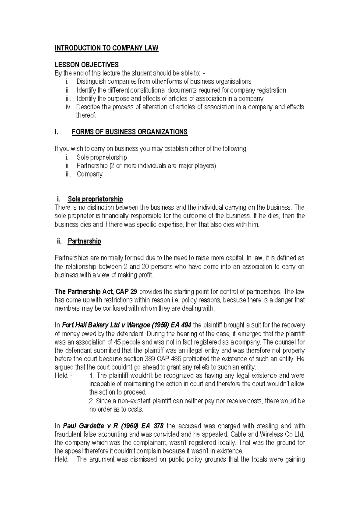 Introduction to Company Law - Lesson Objectives and Key Concepts - Studocu