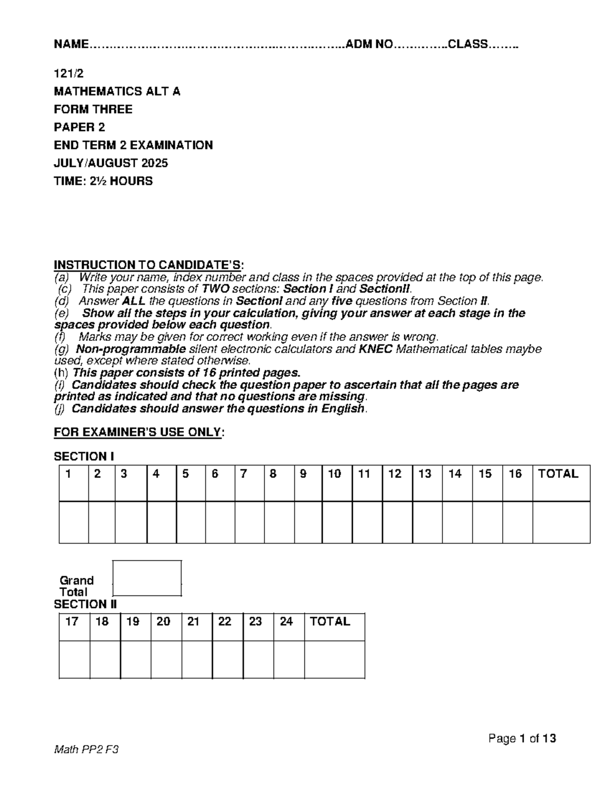 MATHEMATICS ALT A FORM THREE PAPER 2 END TERM 2 EXAM 2025 - Studocu