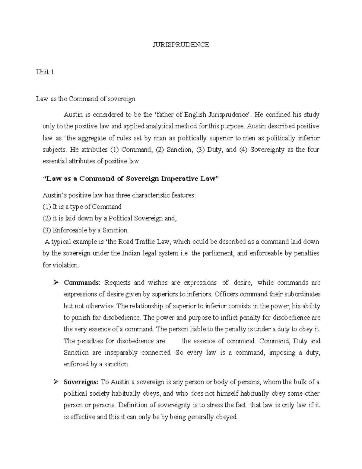 Jurisprudence - A summary of the notes - JURISPRUDENCE Unit 1 Law as ...