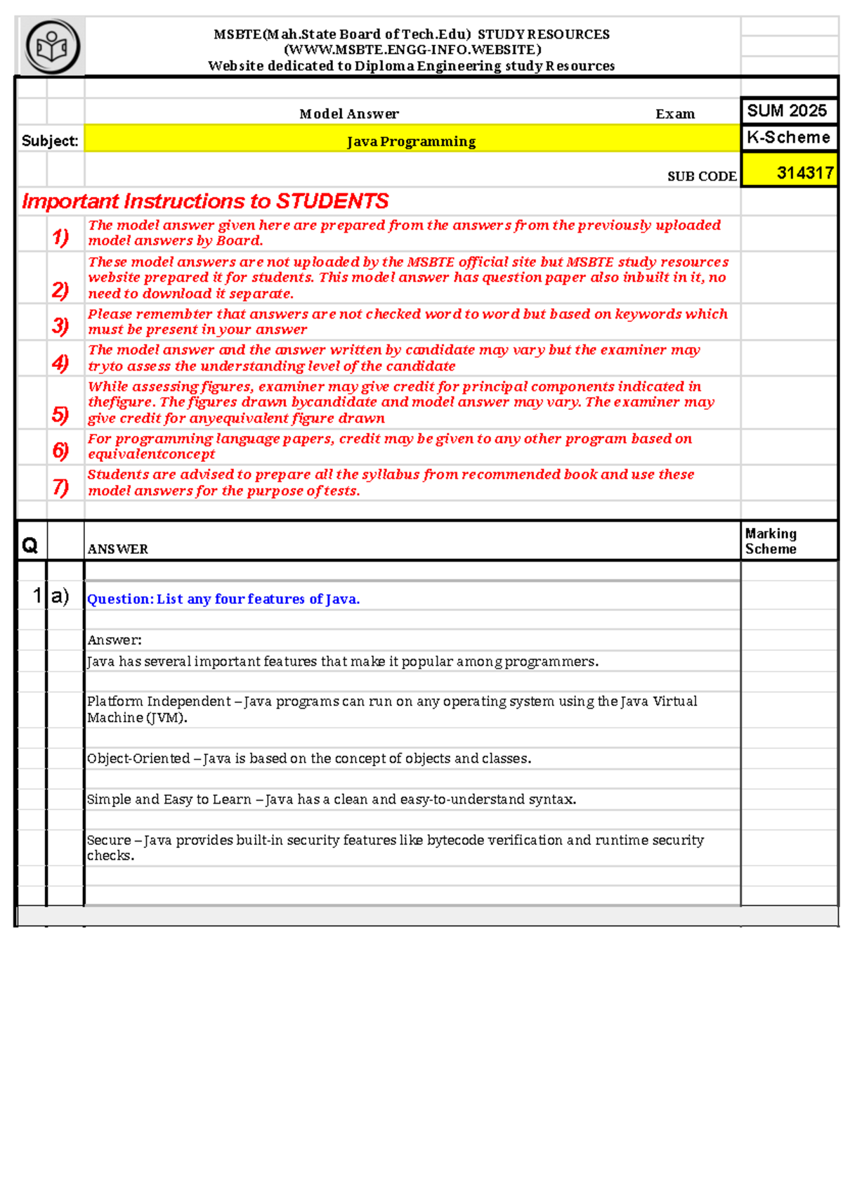 MSBTE 314317 Summer 2025 Java Programming Model Answers - Studocu
