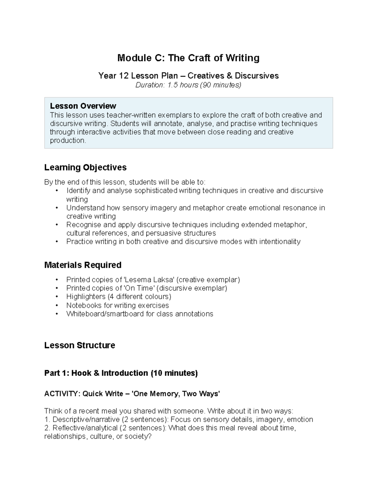 Module C: Year 12 Lesson Plan on Creative & Discursive Writing - Studocu
