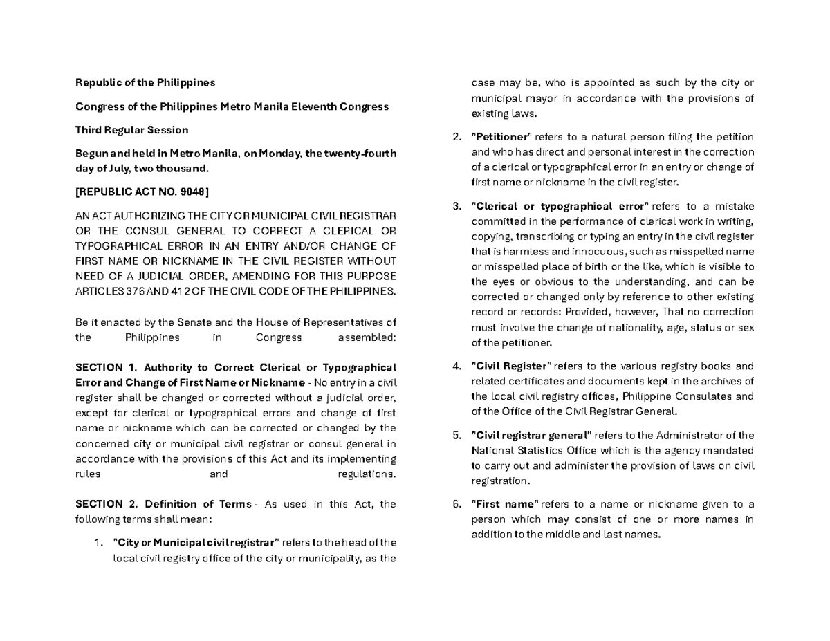 RA 9048 - An Act on Correcting Clerical Errors in Civil Registry - Studocu