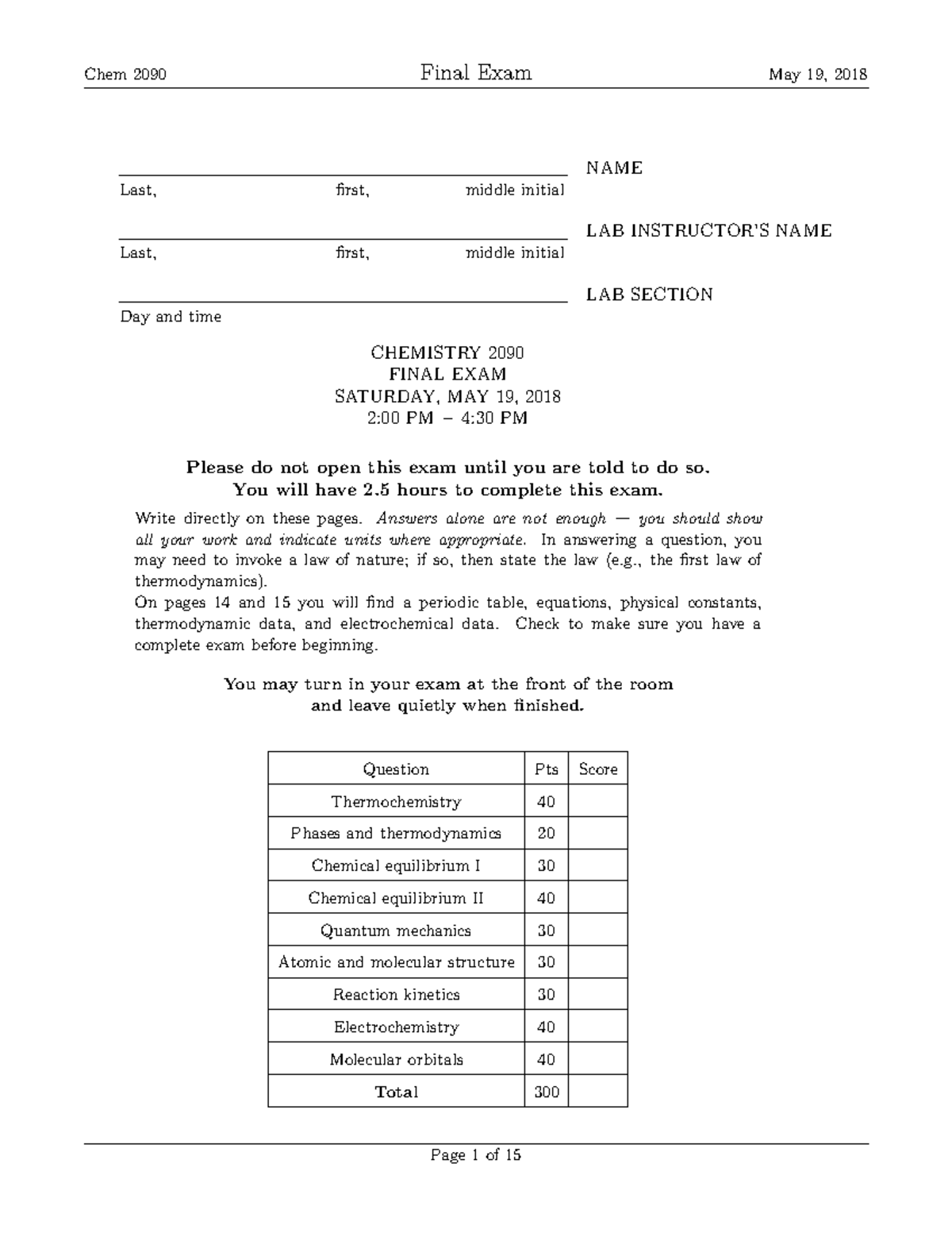 Chem 2090 Exam Marohn Spring 2018 EX03 - NAME Last, first, middle ...