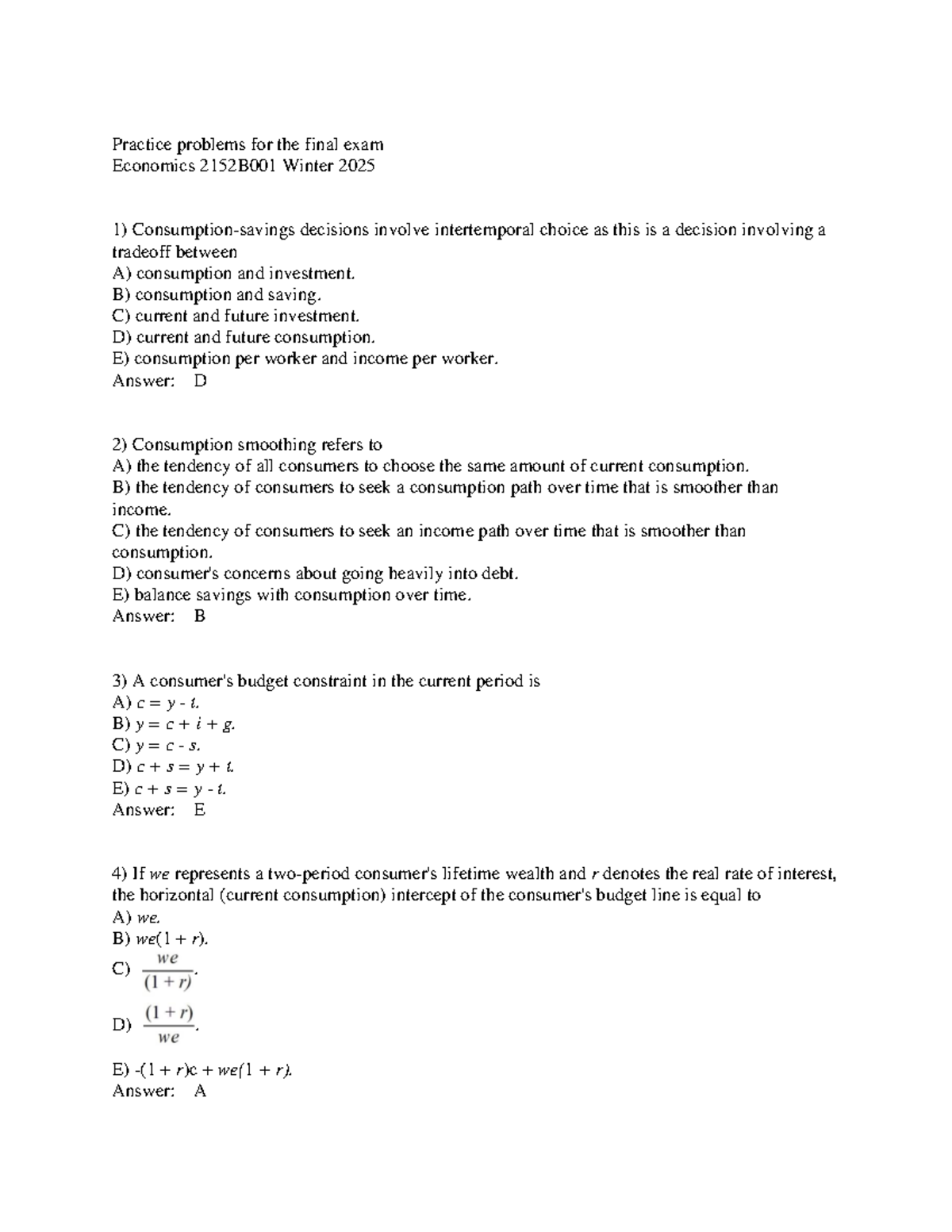 Final Exam Practice Questions for Economics 2152B001 Winter 2025 - Studocu