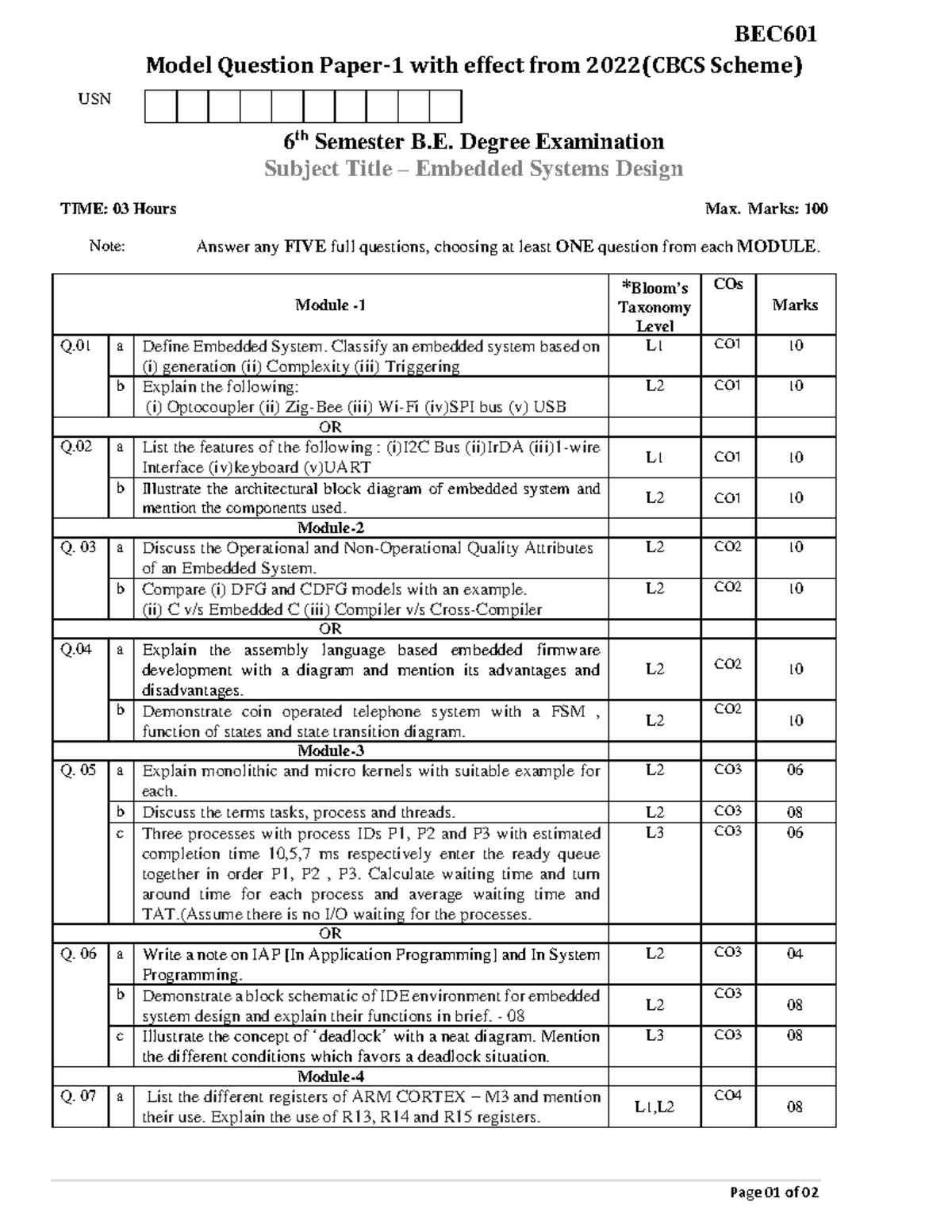 BEC601 Embedded Systems Design Model Question Paper (2022) - Studocu