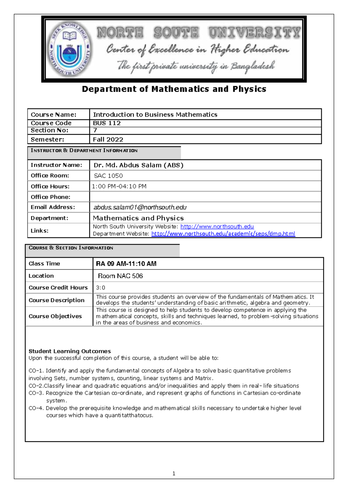 Introduction to Business Mathematics BUS 112 - Fall 2022 Course ...