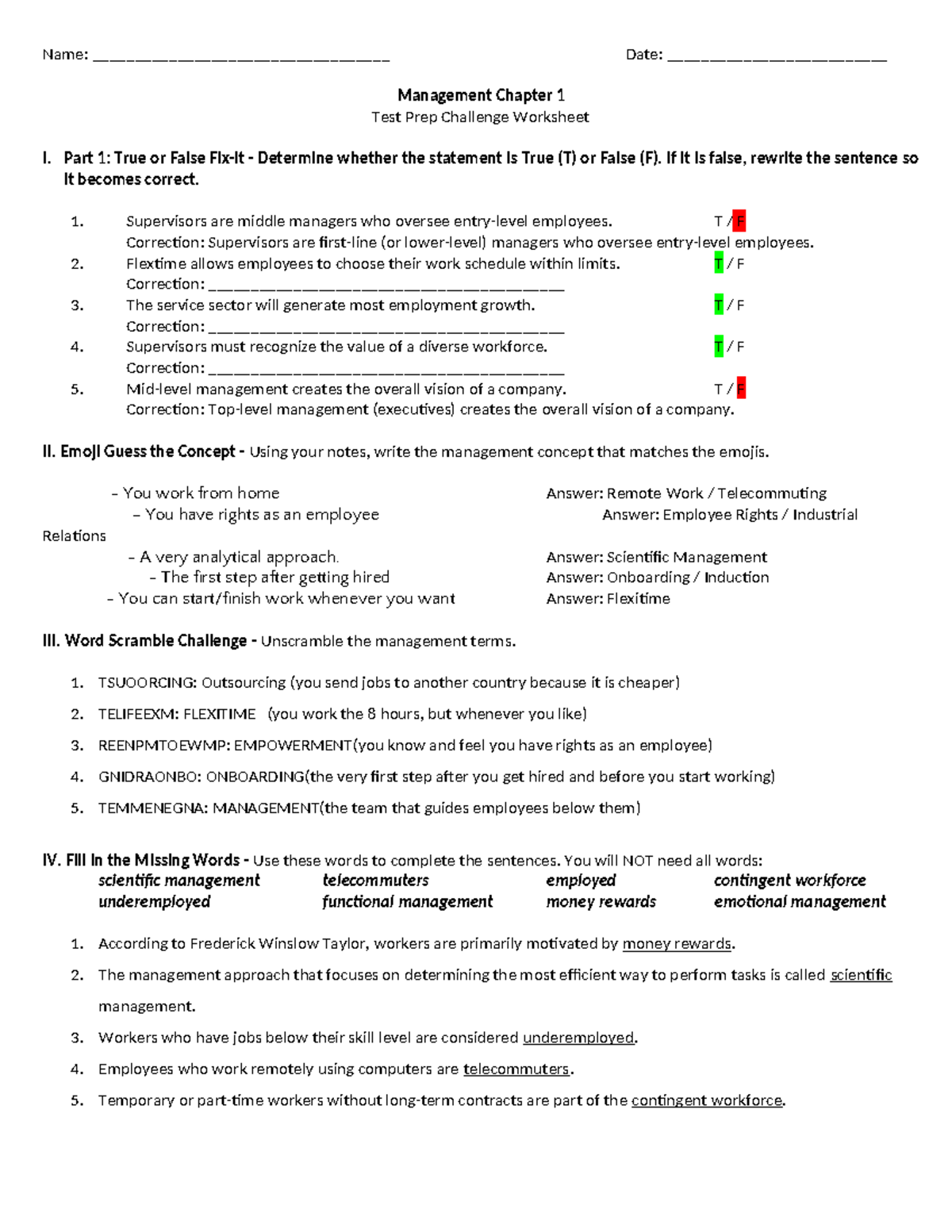 Management Unit 1 Test Prep: Chapter 1 Challenge Worksheet - Studocu