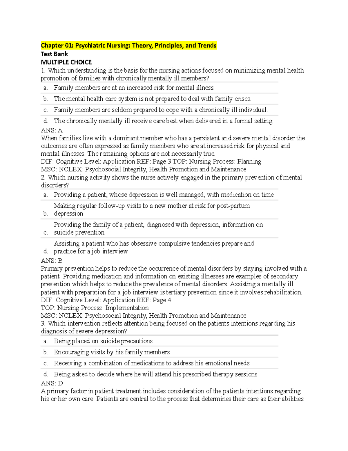 Psychiatry Exam 1 Study Guide: Key Concepts and Test Bank Questions ...