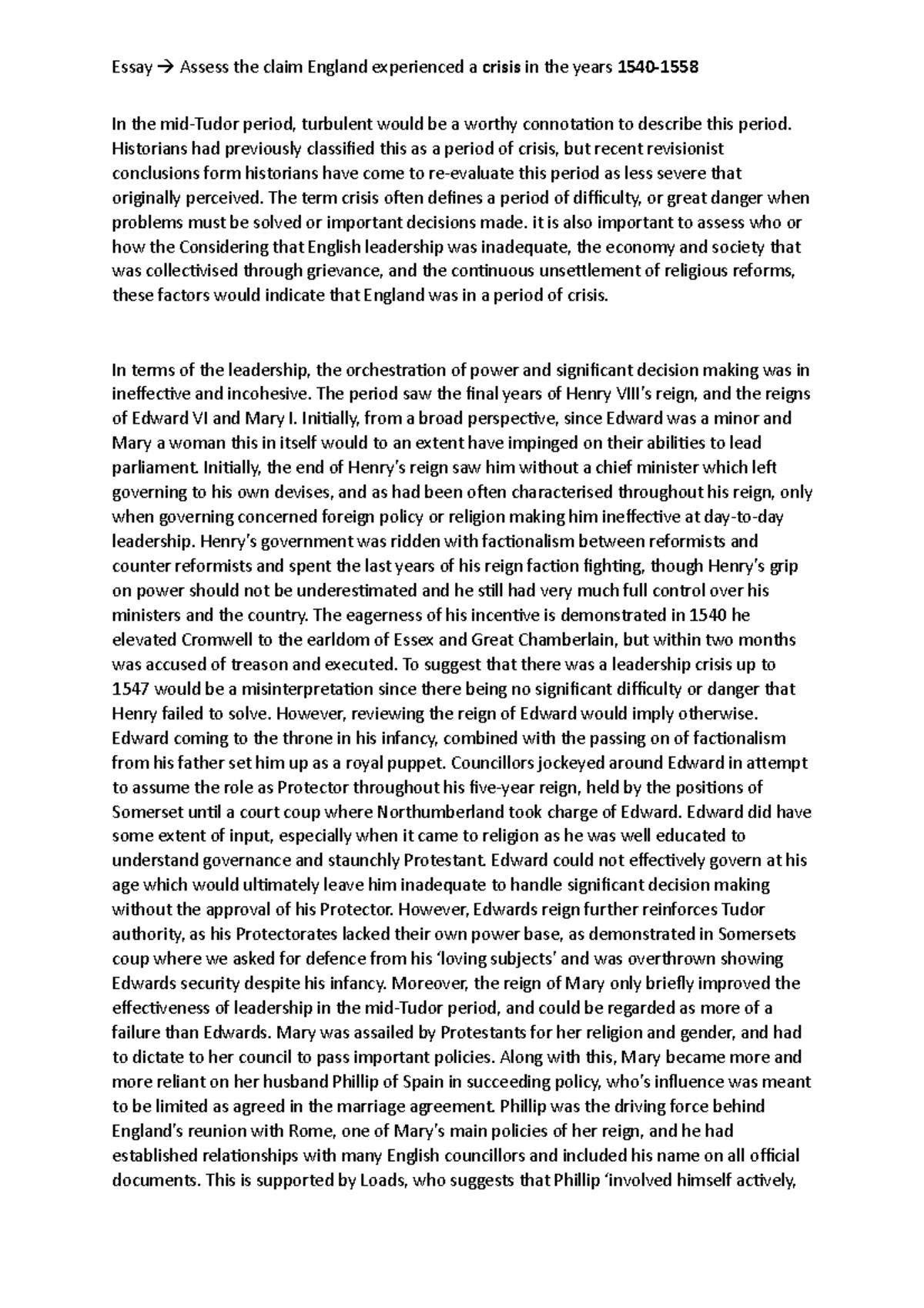 Mid-Tudor Crisis Essay - Essay Assess the claim England experienced a ...