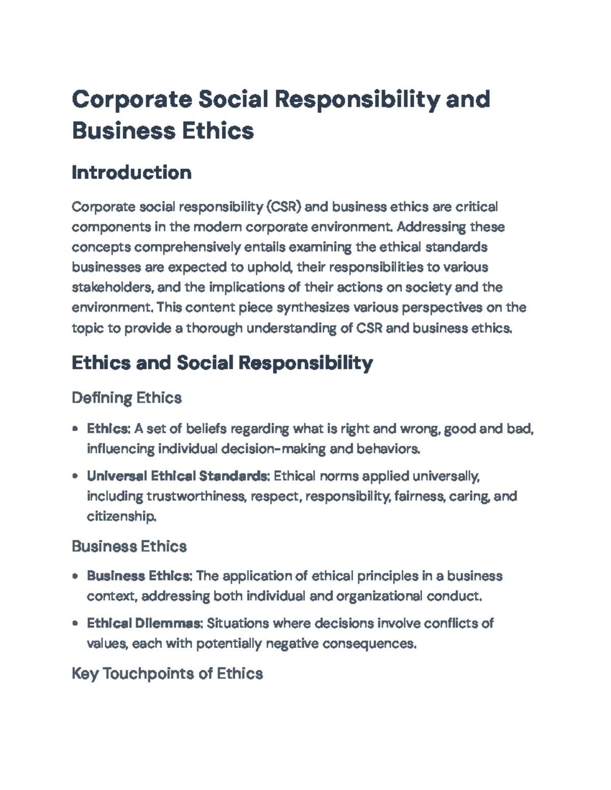 Corporate Social Responsibility and Business Ethics Overview ...