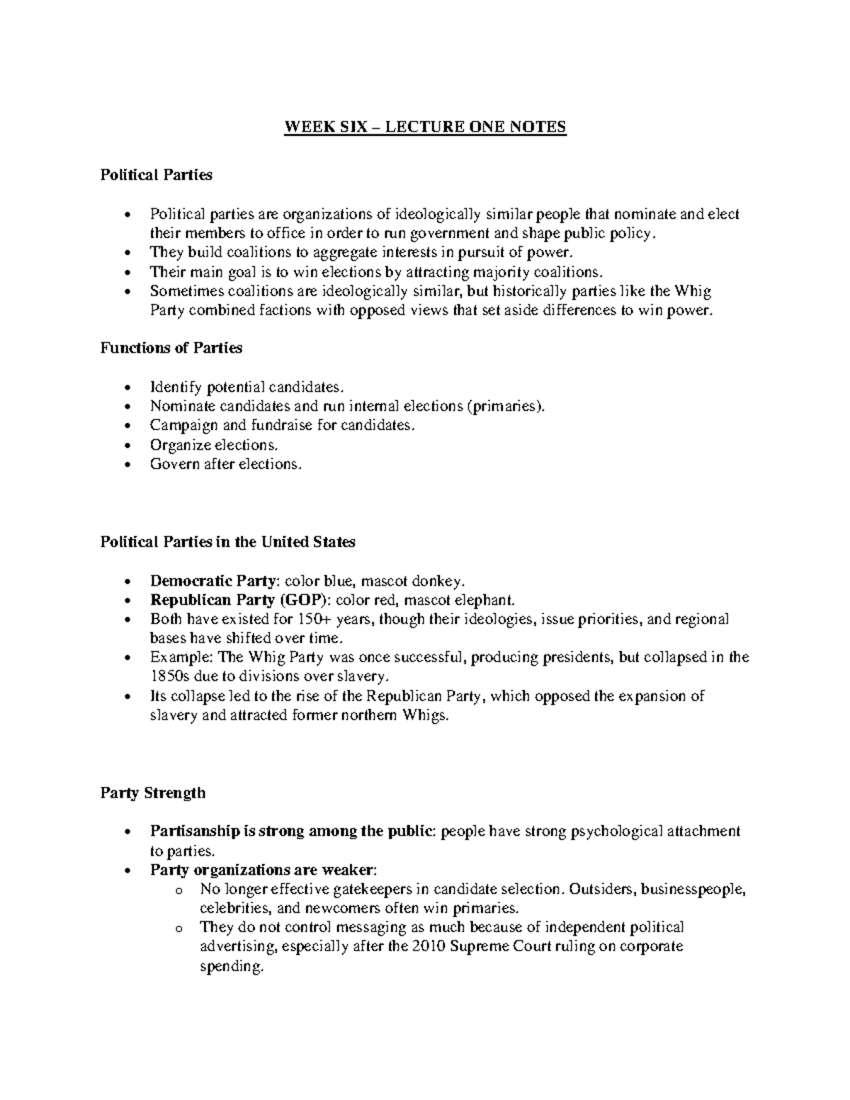 POL 101: WEEK SIX LECTURE ONE NOTES on Political Parties in the U.S ...
