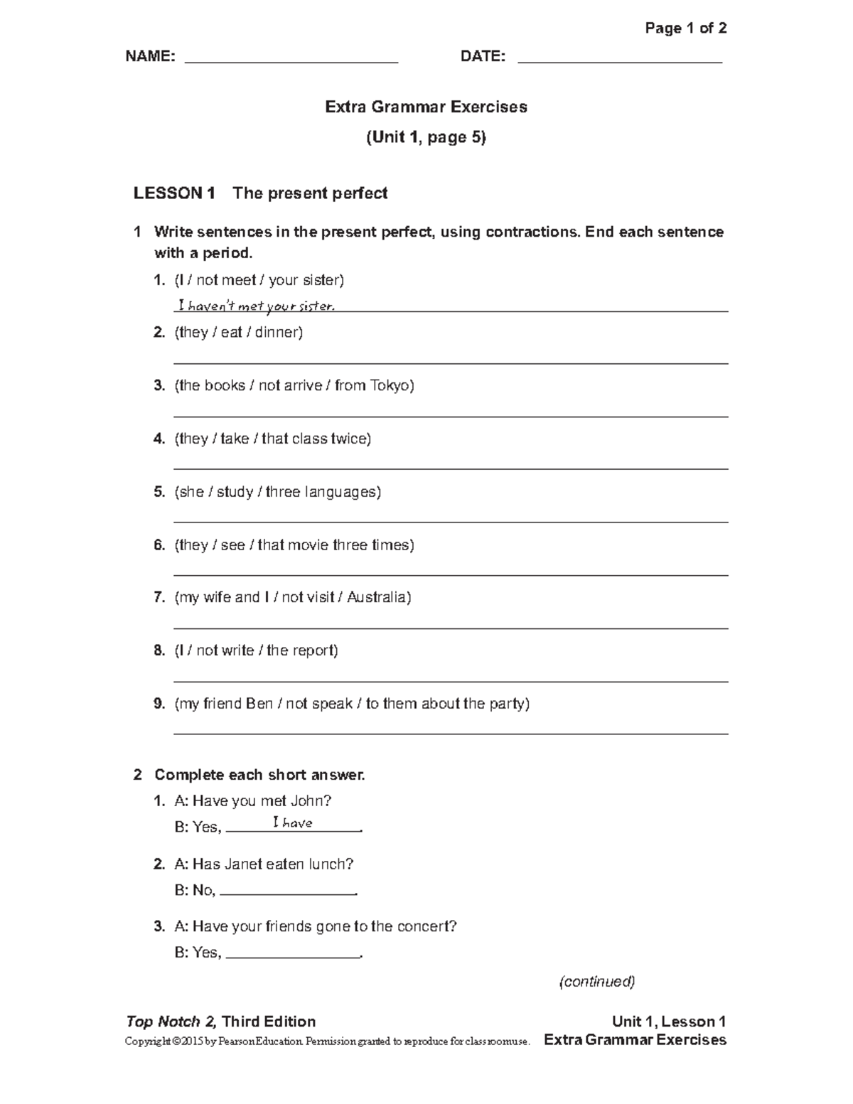 Unit 01 Extra Grammar Exercises: Present Perfect Practice - Studocu