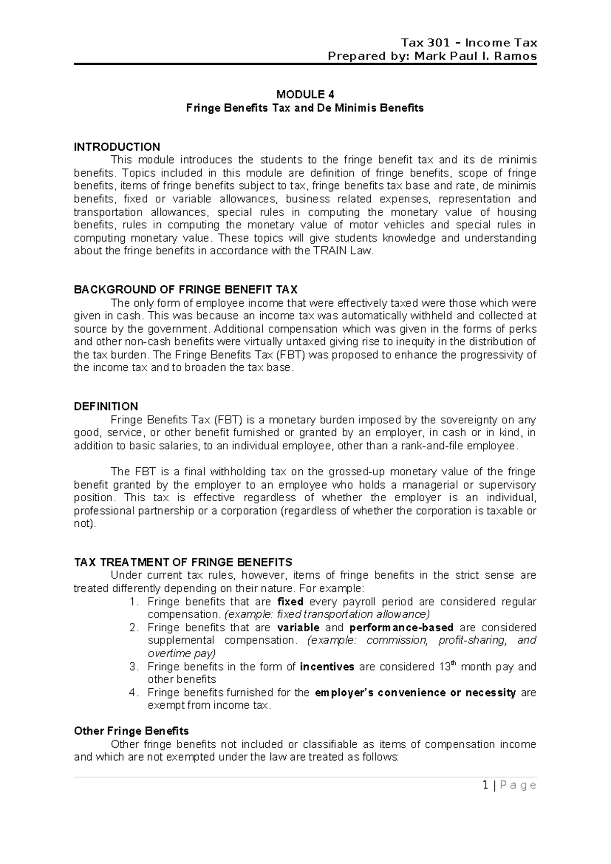 Tax 301 Module 4: Understanding Fringe Benefits Tax & De Minimis ...