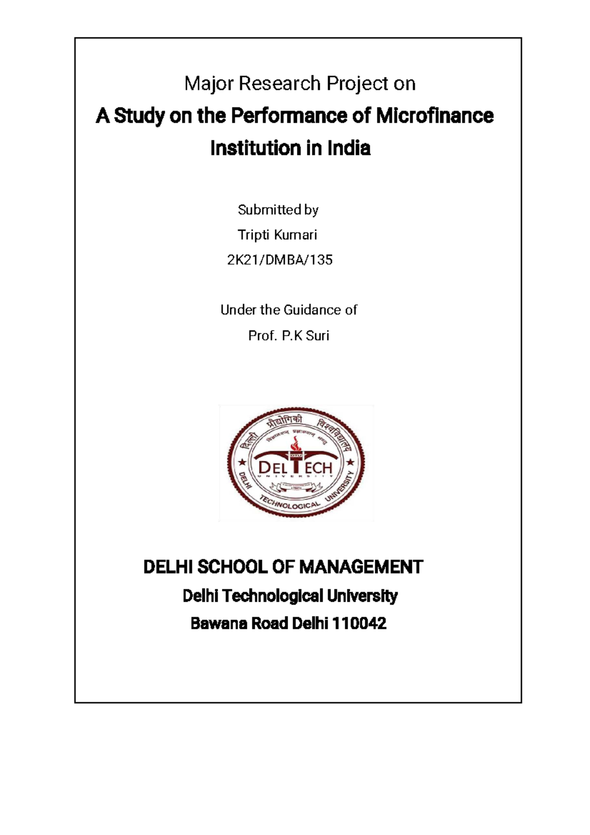 Tripti Kumari DMBA - project on finance topics - Major Research Project ...
