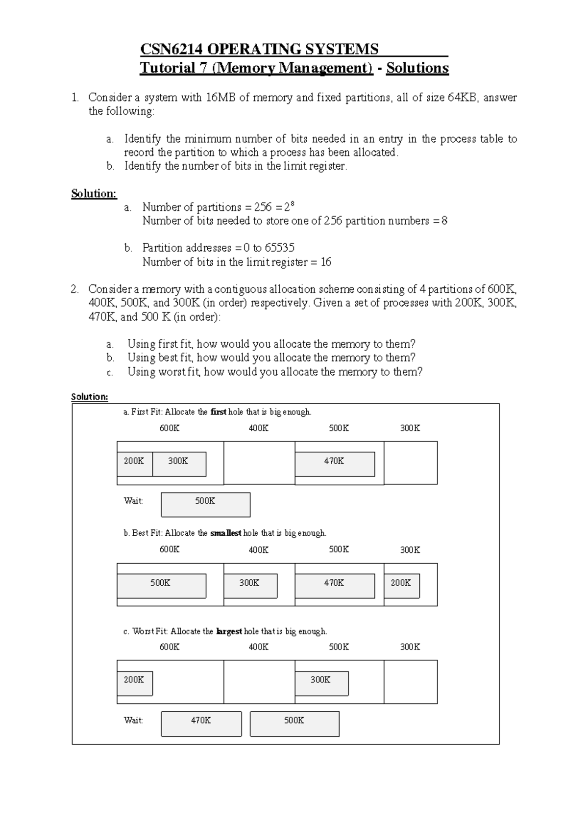 CSN6214 Tutorial 07 Solutions on Memory Management Concepts - Studocu
