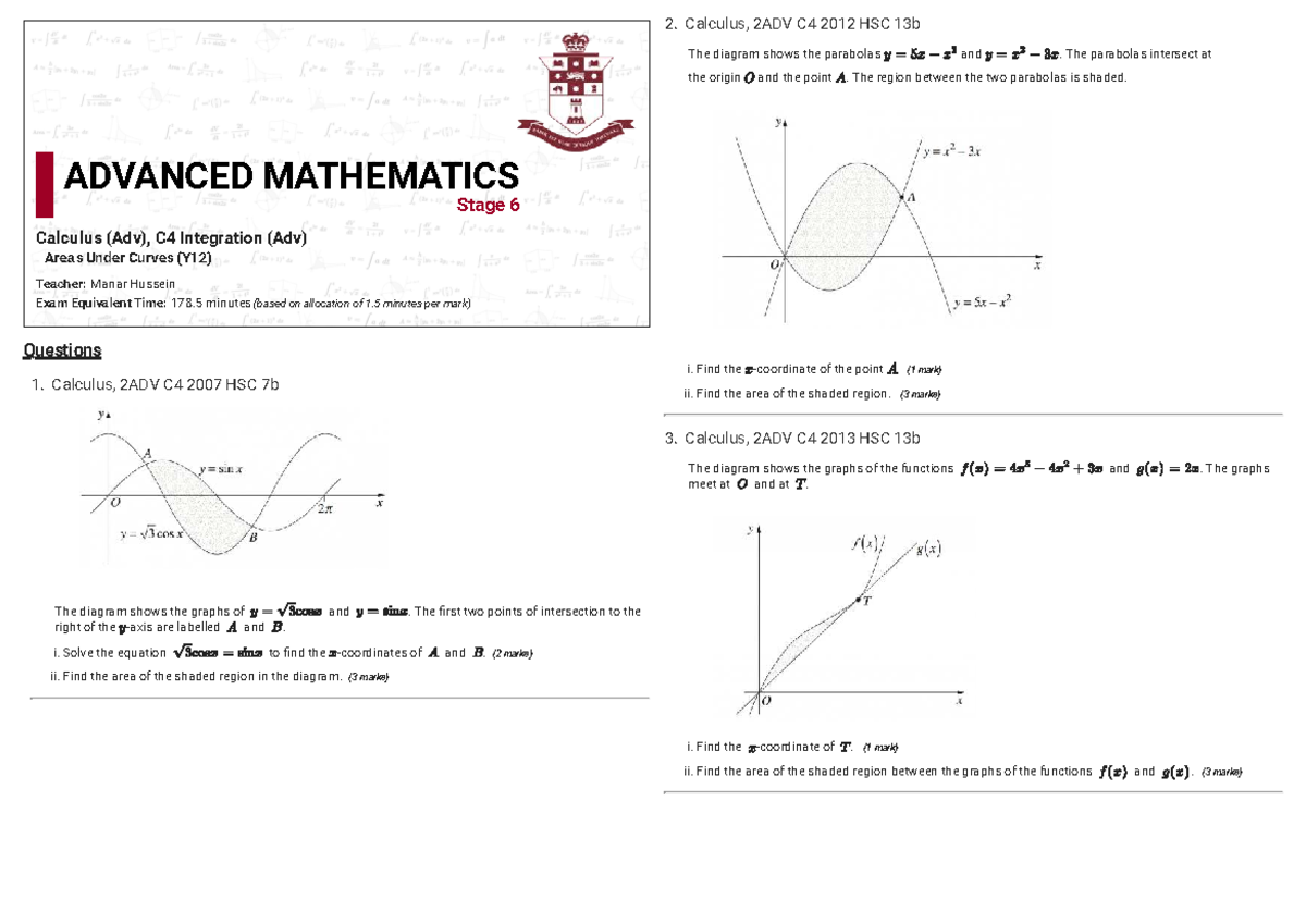 Calculus 2ADV C4 Area Under Curves - HSC Exam Solutions - Studocu