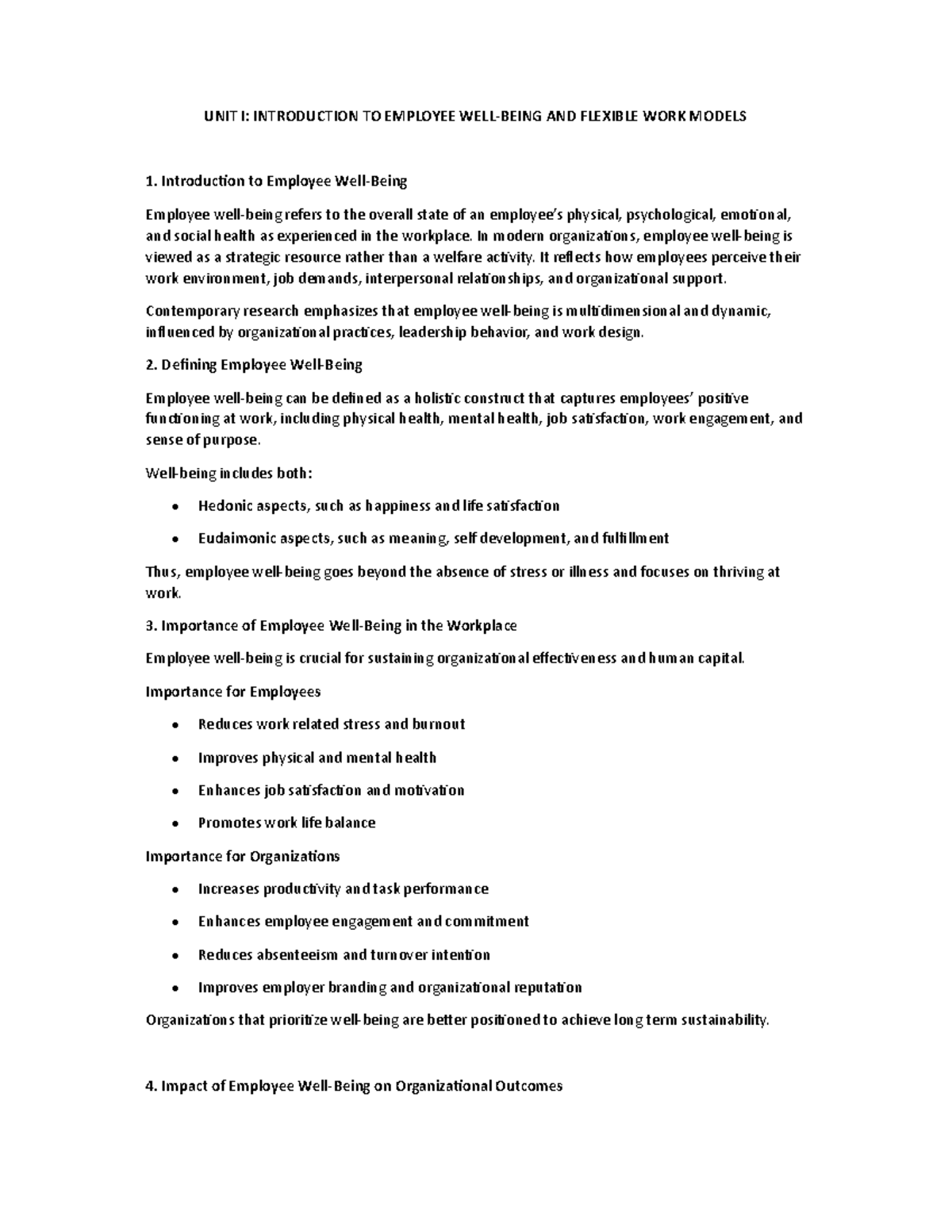 Unit I: Employee Wellbeing & Flexible Work Models Overview - Studocu