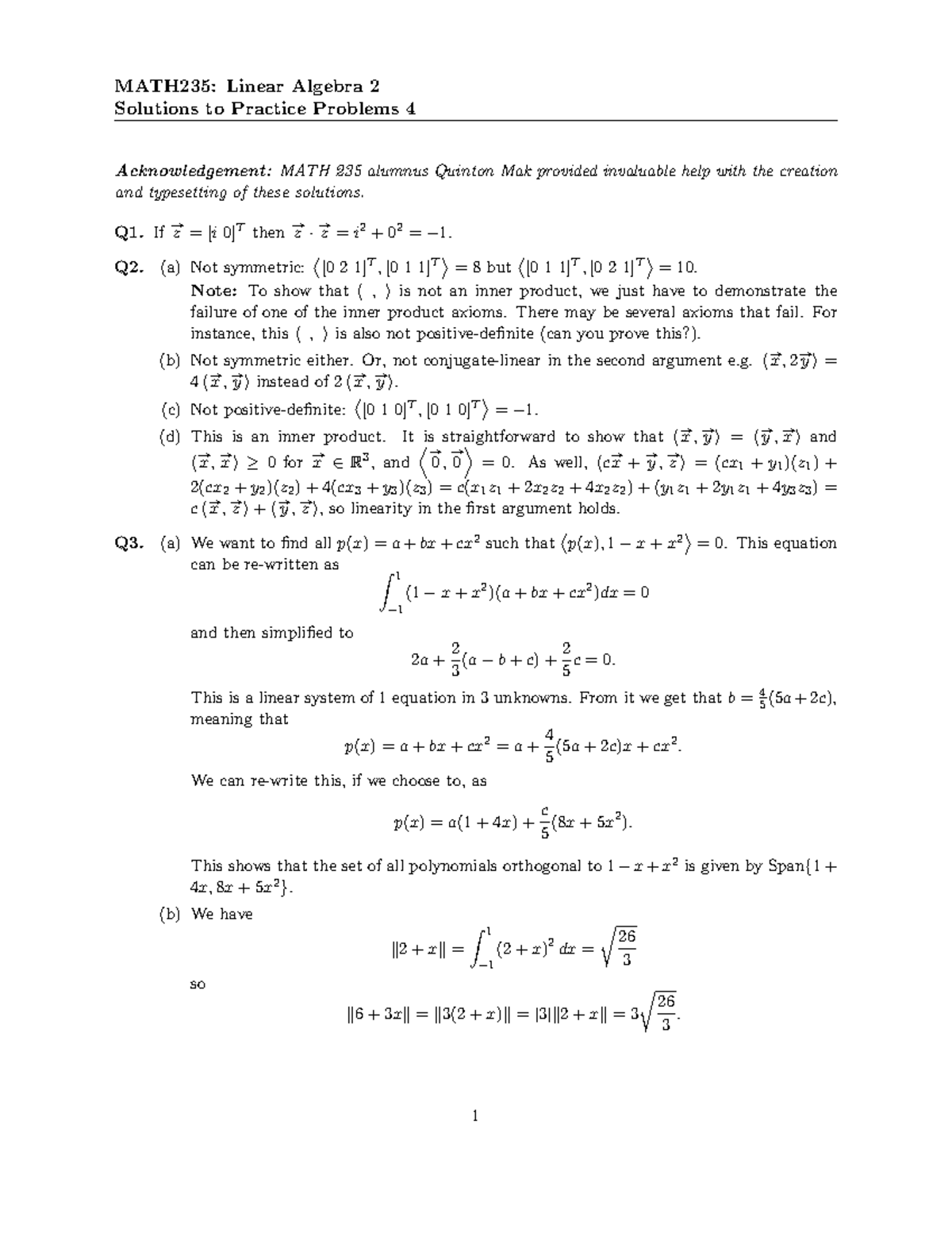 MATH235: Linear Algebra 2 Practice Problems 4 Solutions - Studocu