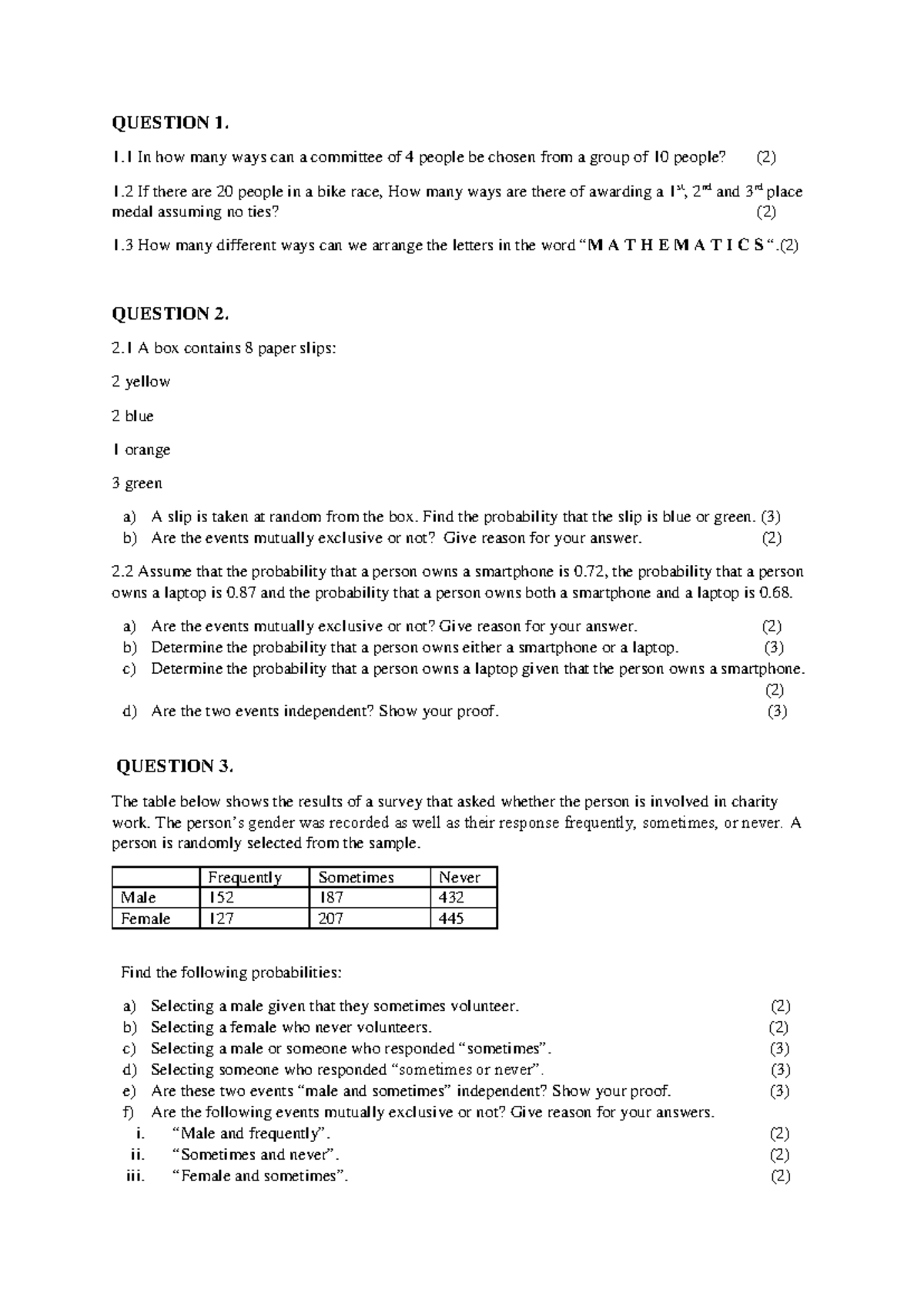 Introduction to Probability: Exam Questions and Solutions (MATH 101 ...