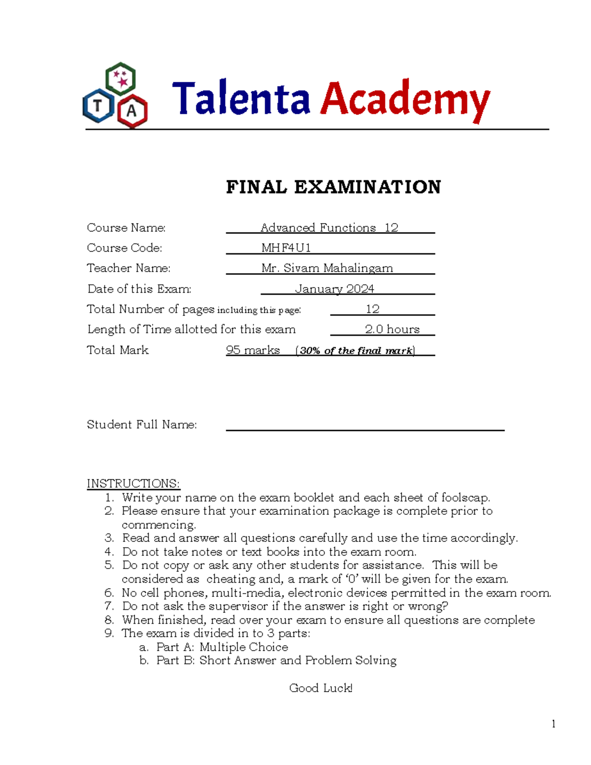 TA MHF4U Final Exam 2024: Advanced Functions Questions - Studocu