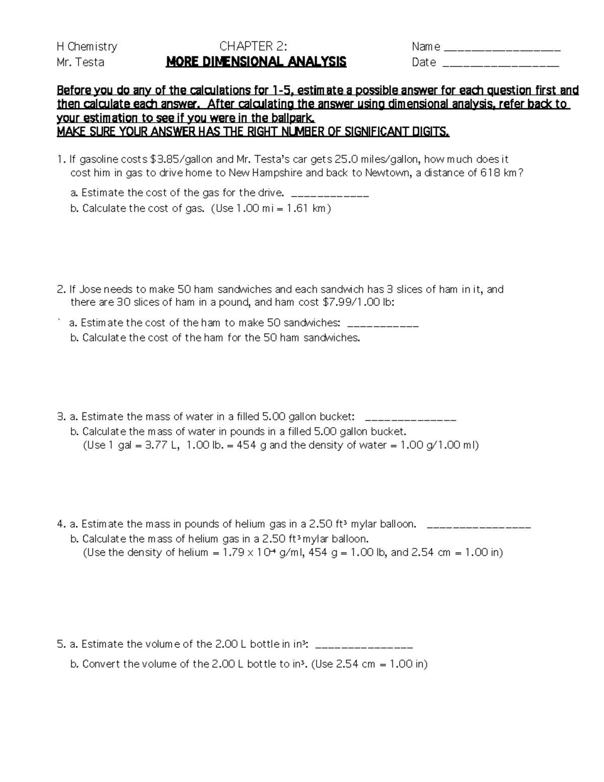 H Chemistry Mr. Testa CHAPTER 2: Dimensional Analysis Exercises - Studocu