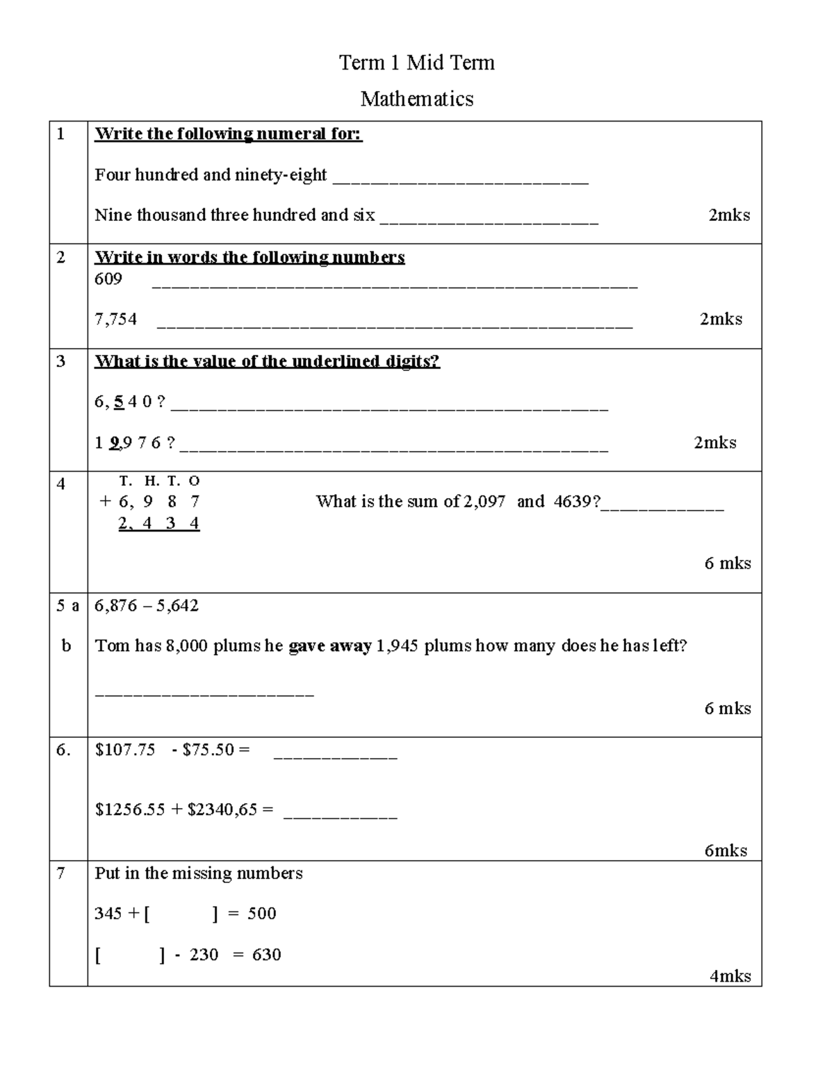Term 1 Midterm Mathematics 1 Practice Questions and Exercises - Studocu