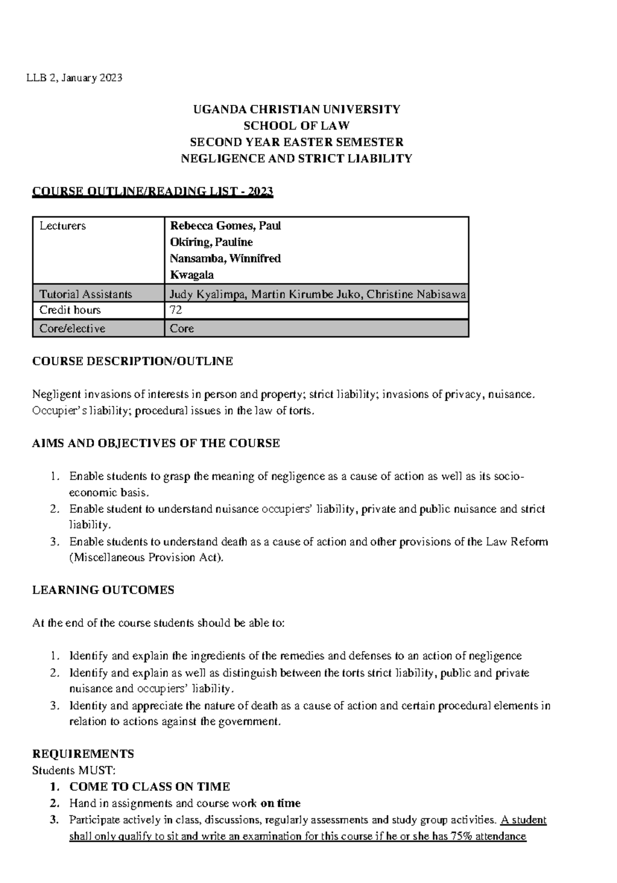 Negligence & Strict Liability Course Outline LLB 2023: A Comprehensive ...