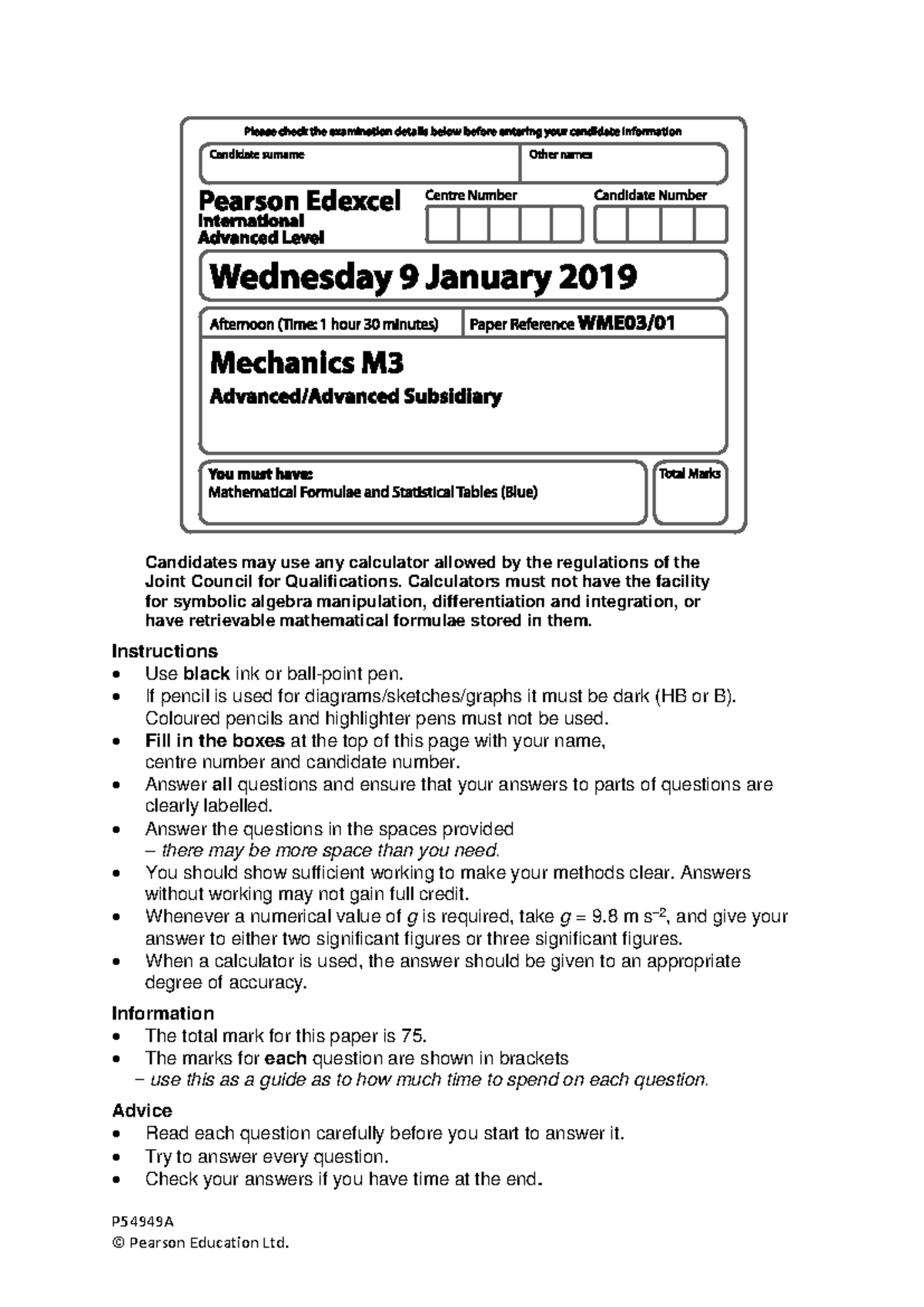 Jan 2019 IAL Math Exam Paper - P54949A with Detailed Instructions - Studocu