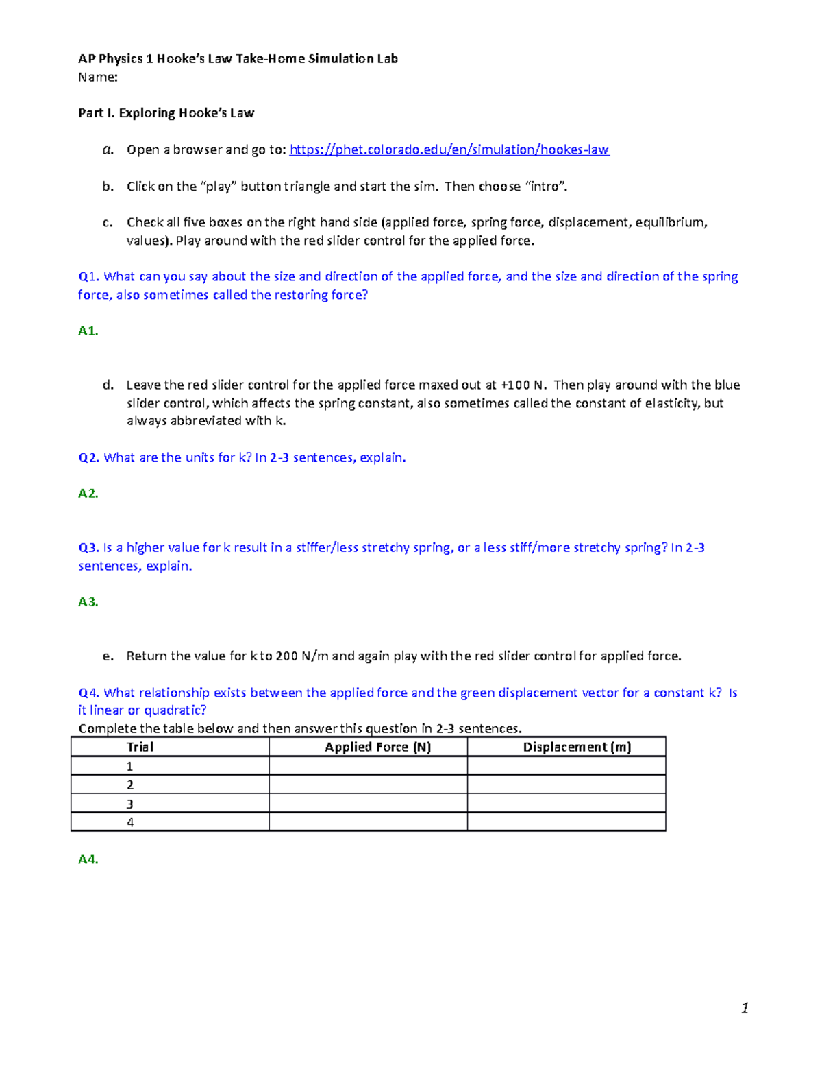 Phet contribution 4140 7525 - AP Physics 1 Hooke’s Law Take-Home ...