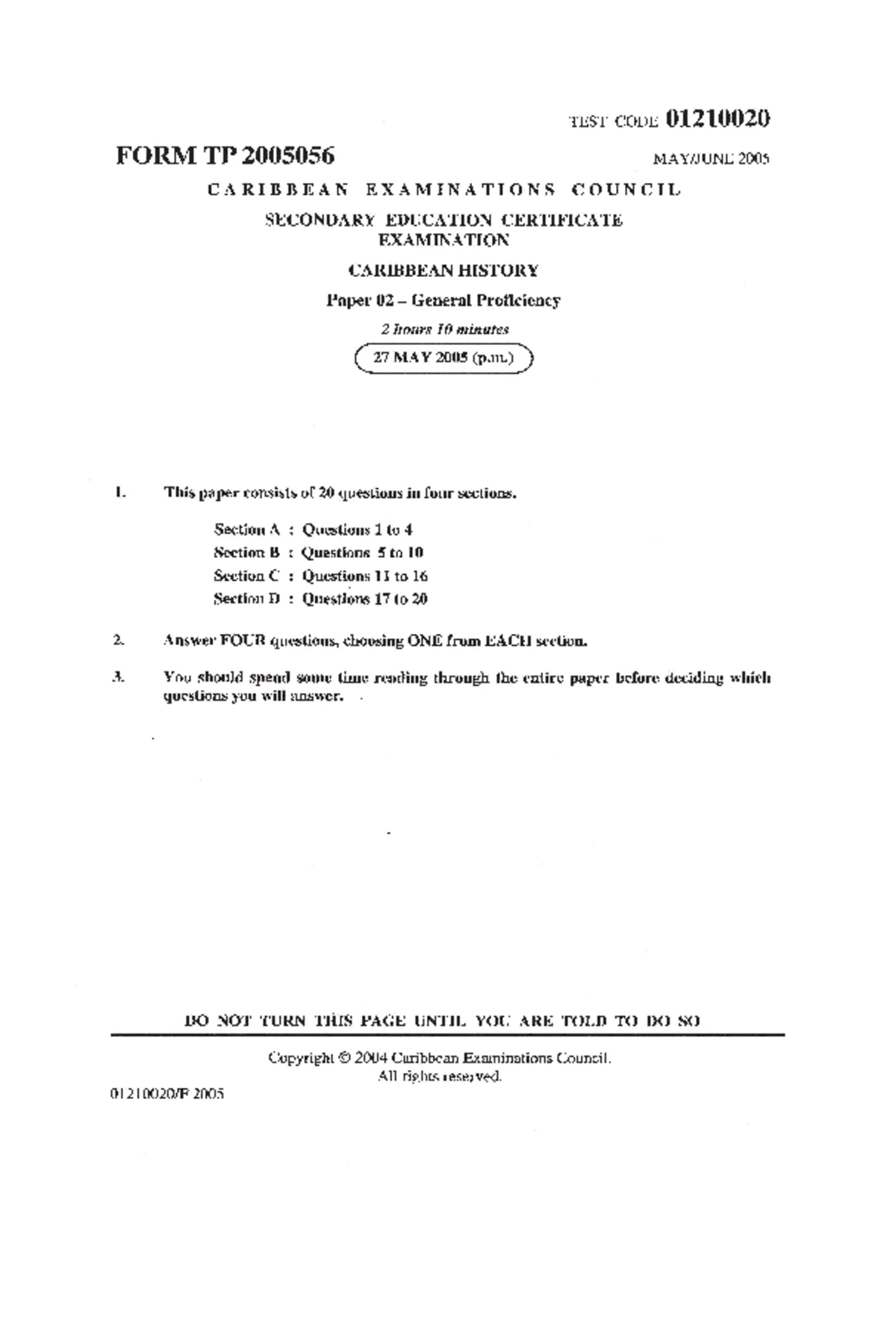 CSEC Caribbean History June 2012 P2 - TEST CODE 01210020 FORM TP ...