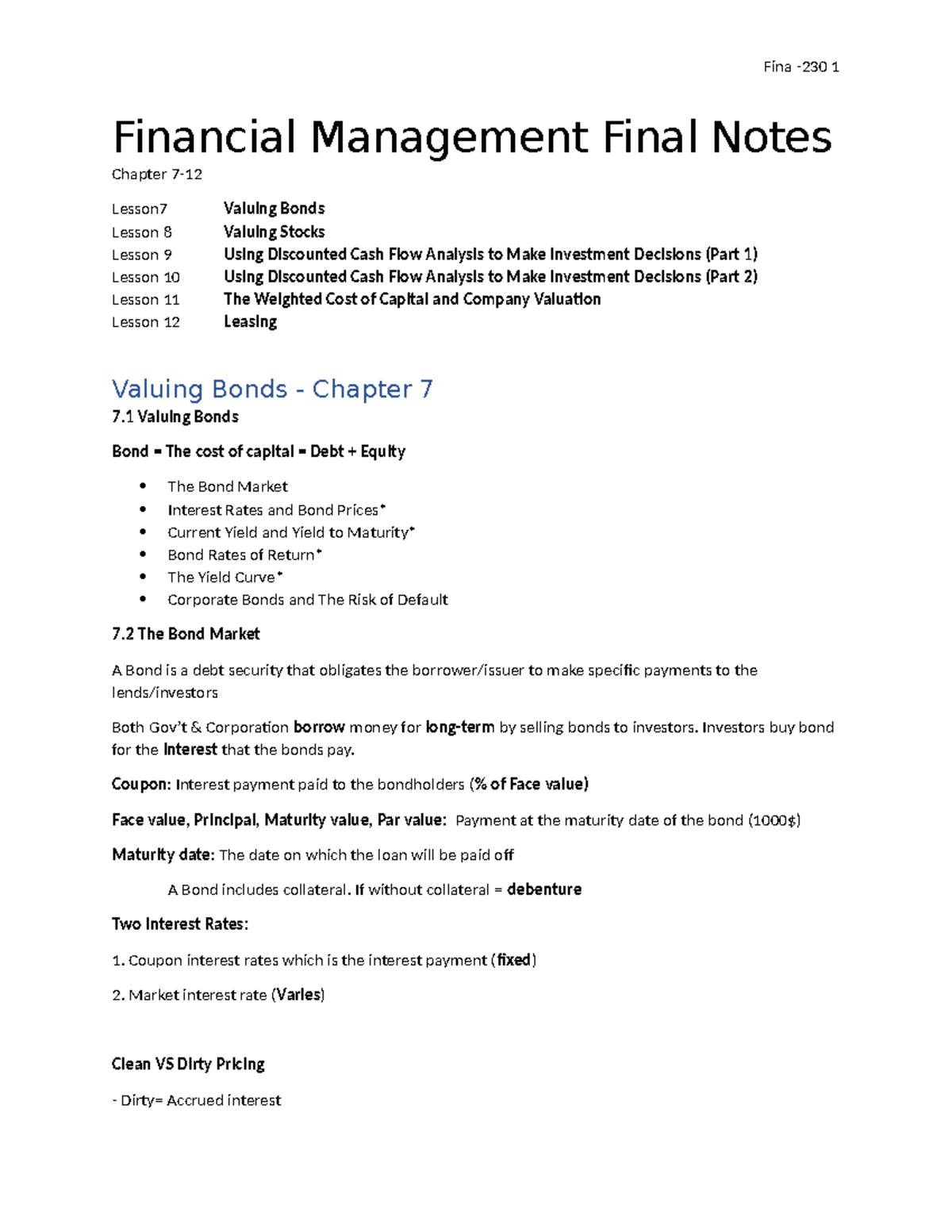 Fina 1 Financial Management Final Notes: Valuing Bonds & Stocks - Studocu
