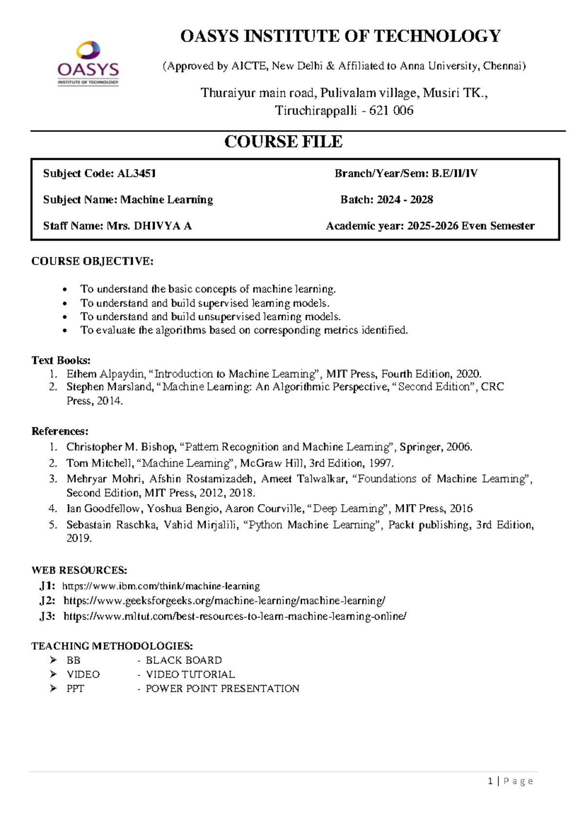 AL3451 Machine Learning Course File and Syllabus Overview - Studocu