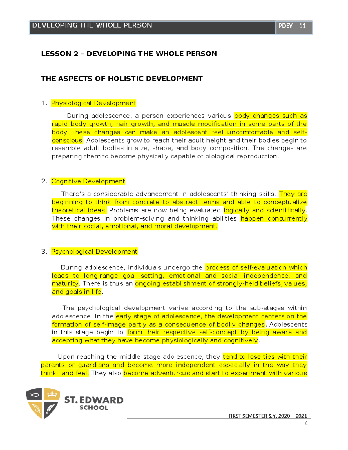 Lesson 2: Holistic Development in Adolescence - First Semester S. 2020 ...