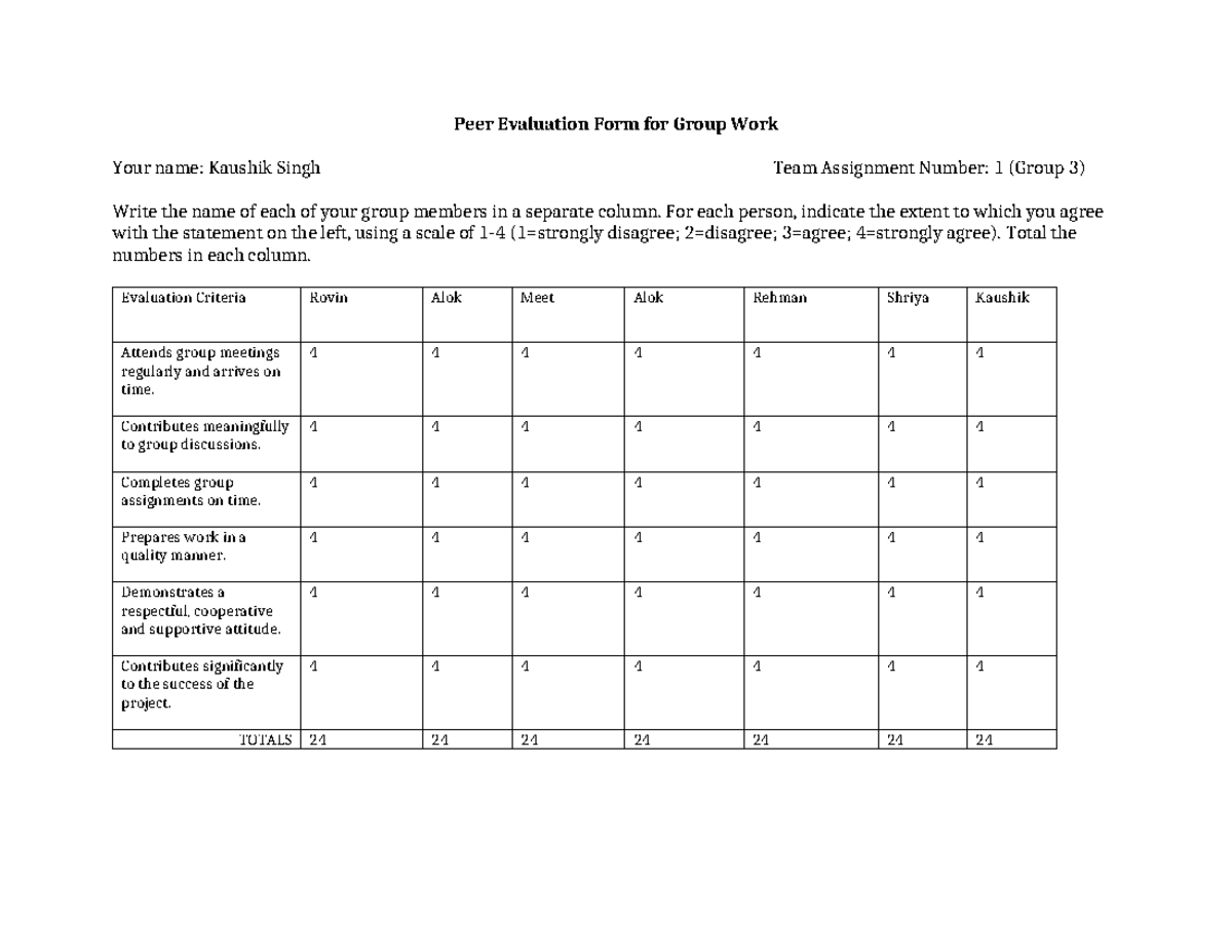 Peer Eval-Group Work-Form - Peer Evaluation Form for Group Work Your ...
