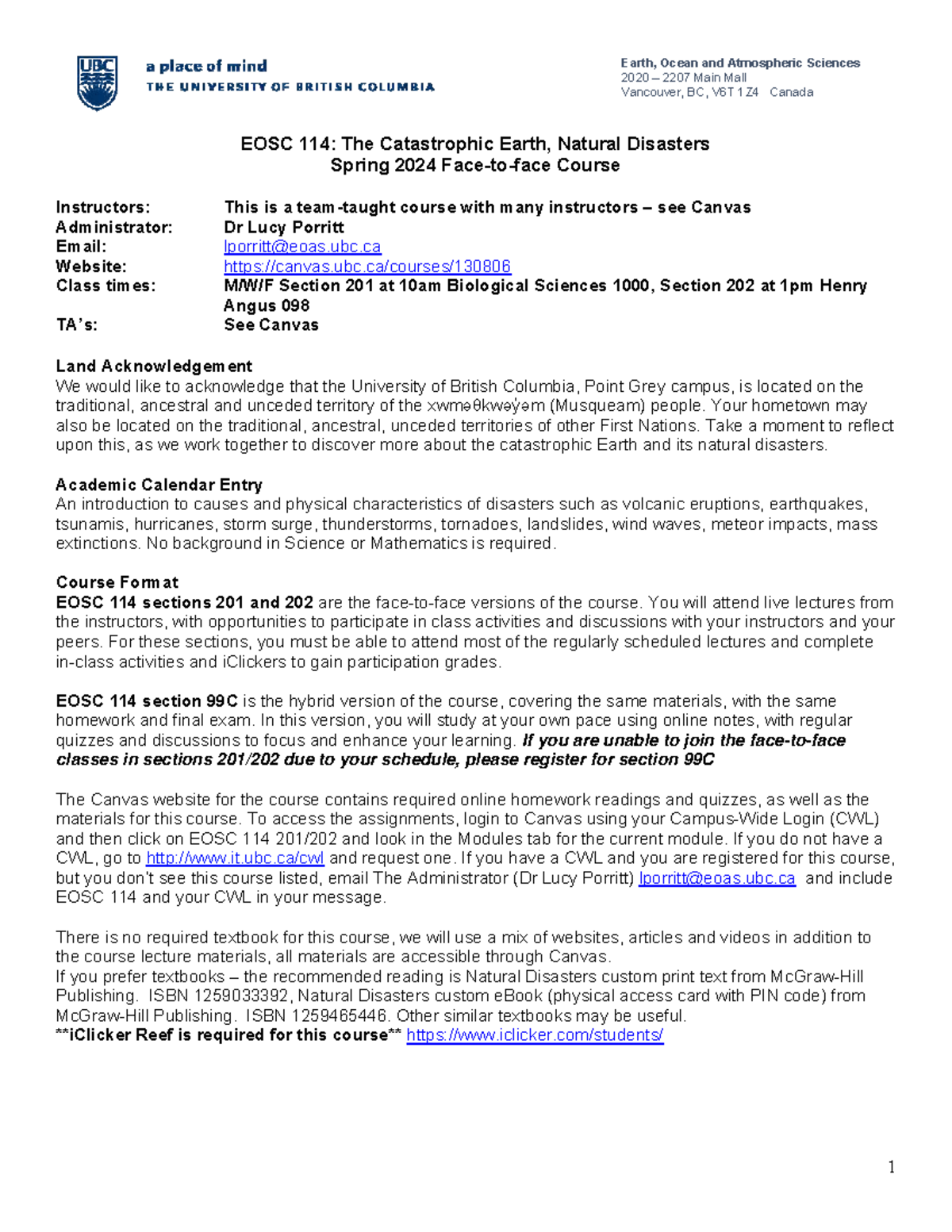 EOSC 114 Syllabus: Understanding Natural Disasters - Spring 2024 - Studocu