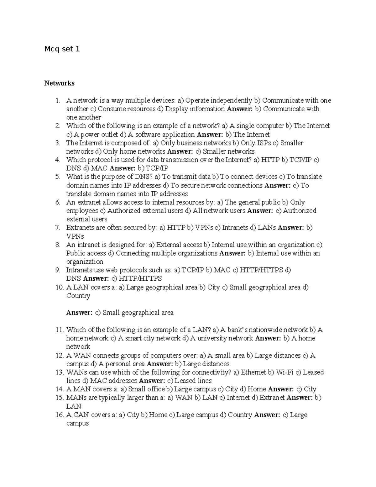 Mcq set 1 - Networks 1 exam questions and answers - Studocu