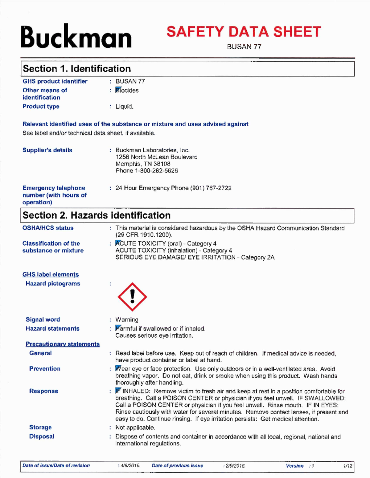 Safety Data Sheet for Buckman Laboratories Inc. BUSAN 77 - Studocu