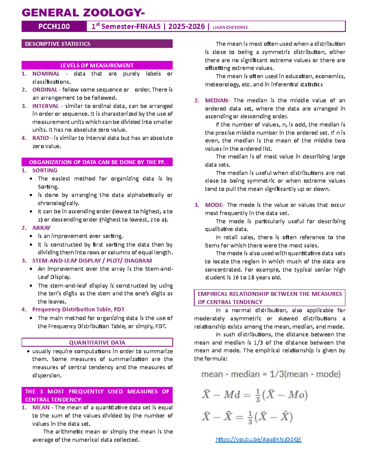 GENERAL ZOOLOGY PCCH100 1st LHIAN CHEYENNE DESCRIPTIVE STATISTICS ...