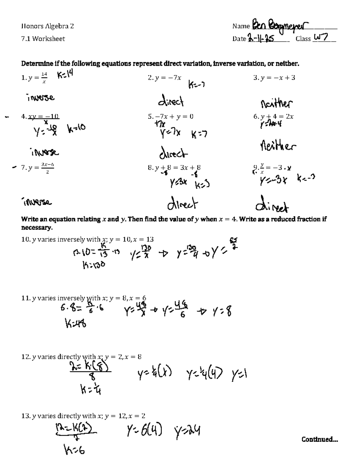 7.1 WS 2425 - Direct and Inverse Variation Worksheet - Studocu