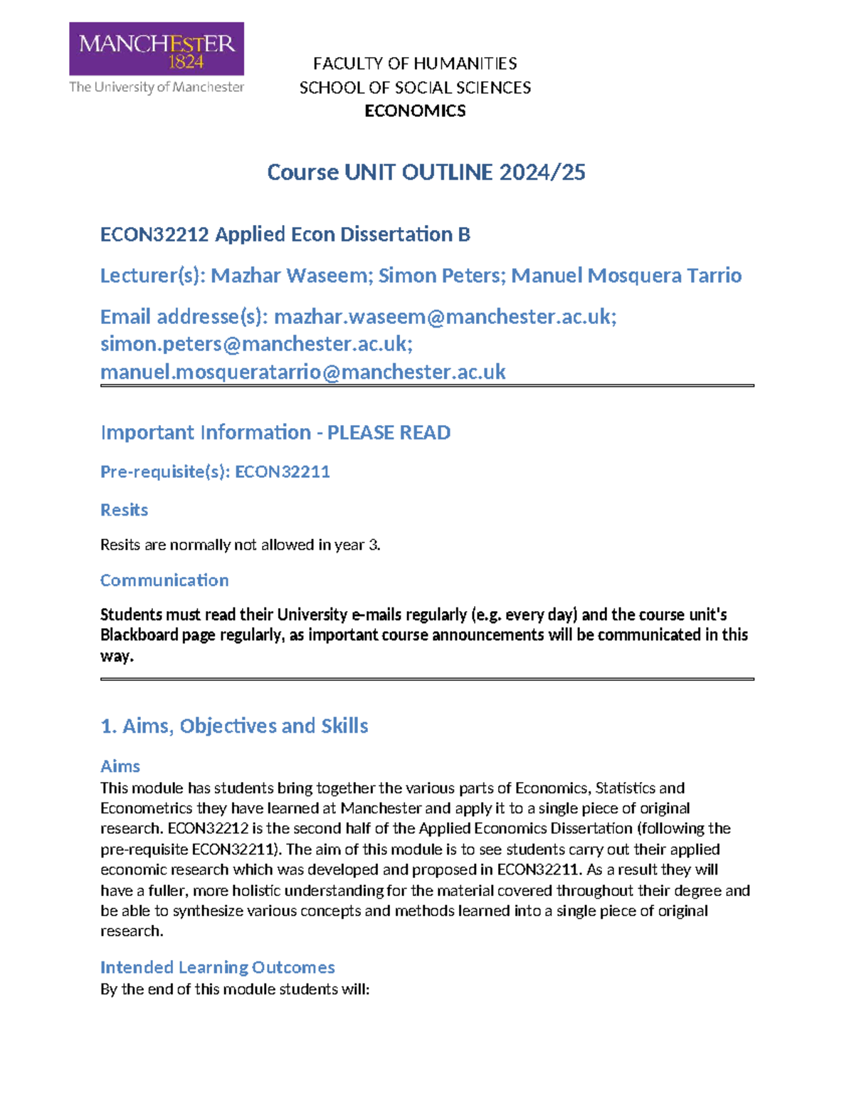 ECON32212 Applied Economics Dissertation Unit Outline 2024-2025 - Studocu