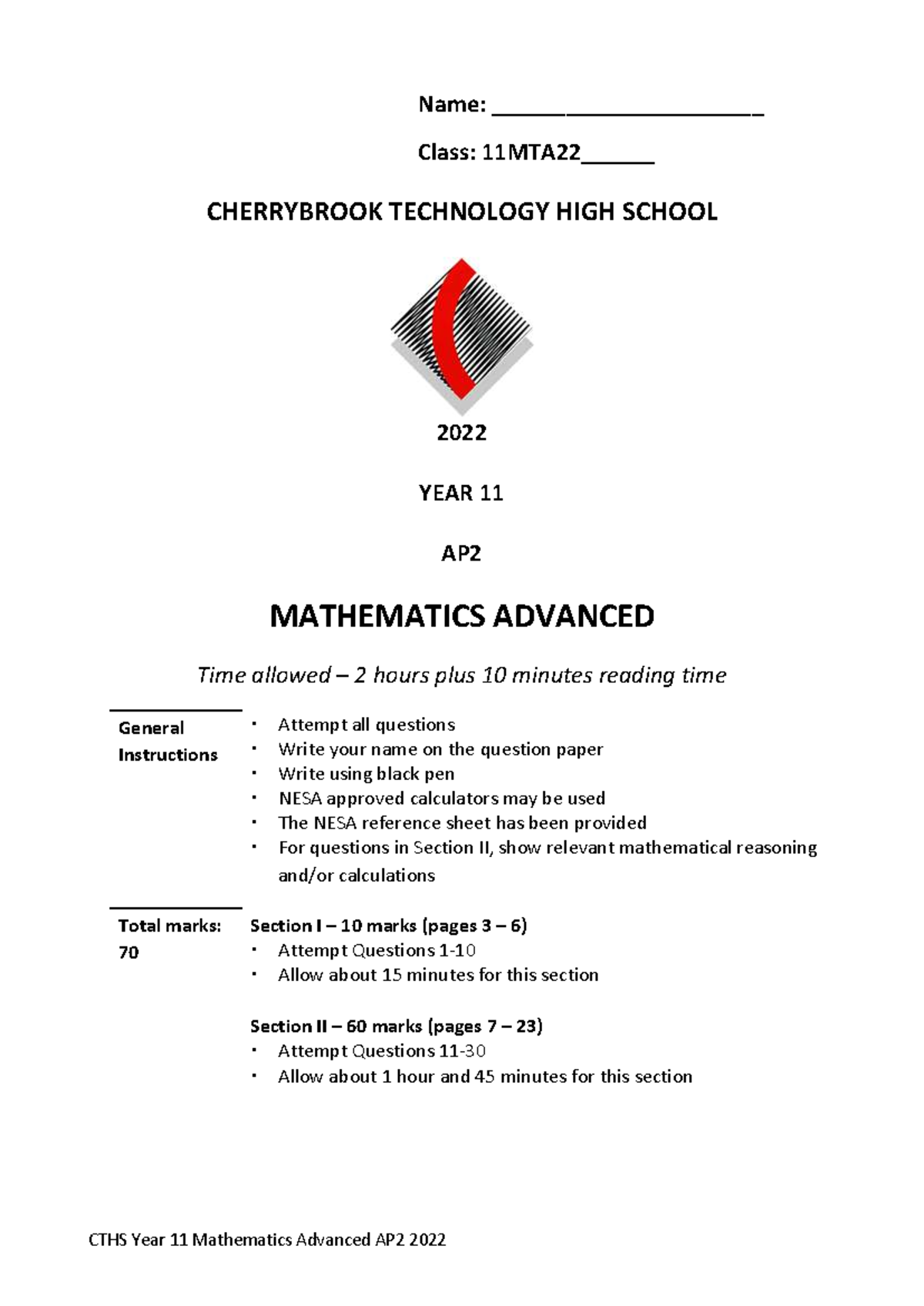 CTHS Year 11 Mathematics Advanced AP2 2022 Exam Paper & Solutions - Studocu