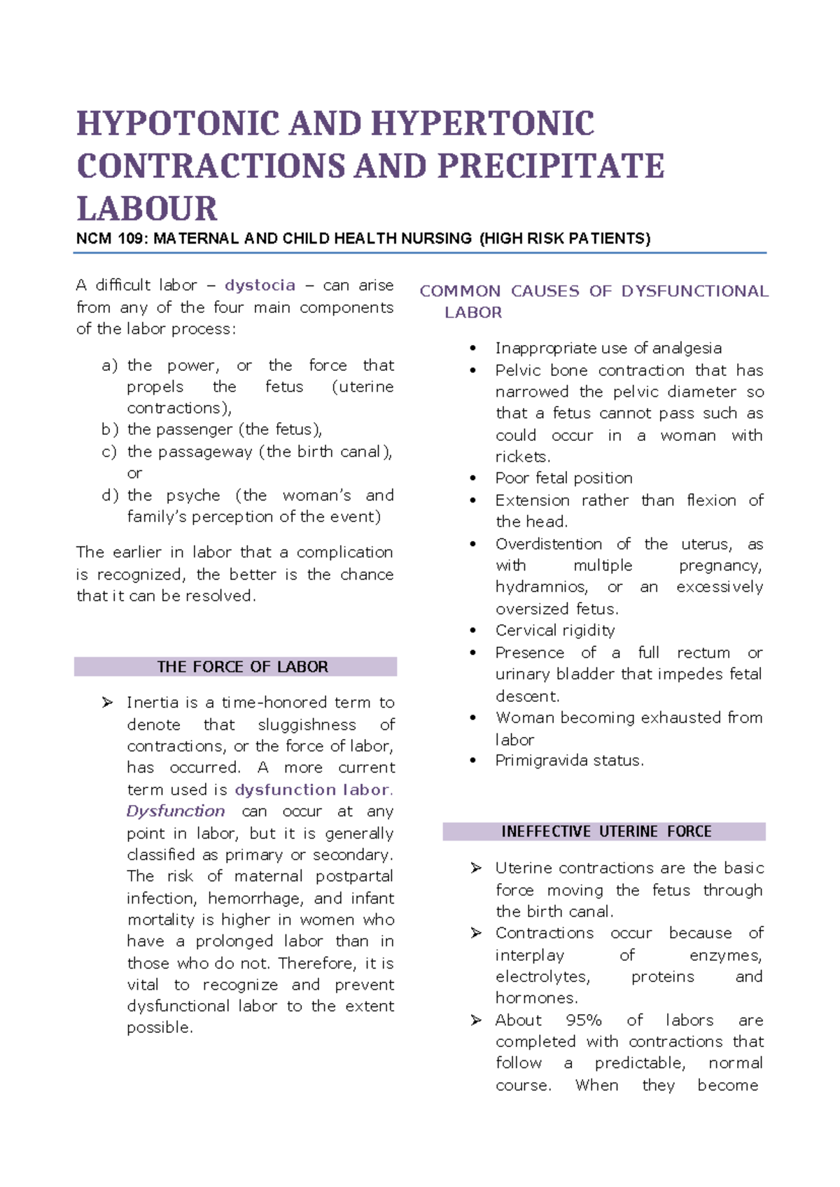 Hypotonic & Hypertonic Contractions in Precipitate Labour NCM 109 - Studocu