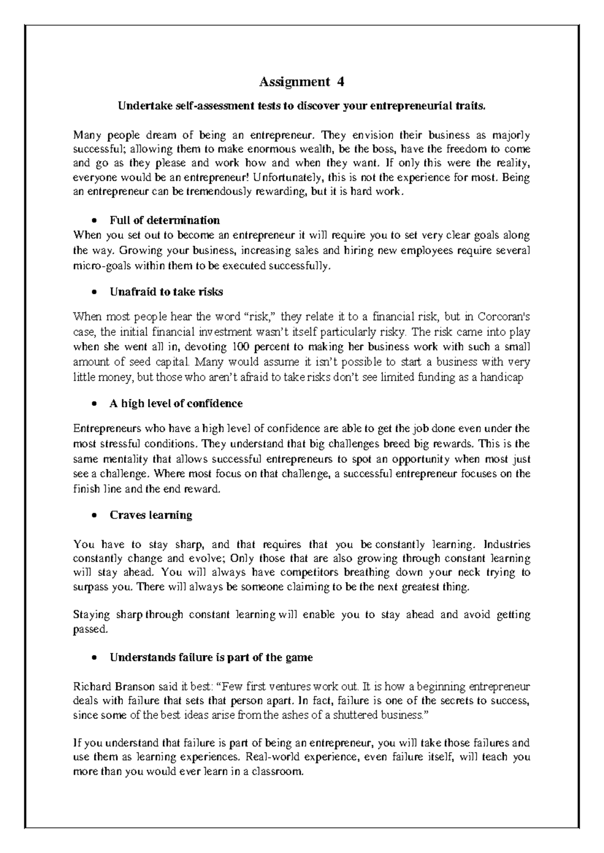 Assignment 4 - EDE: Self-Assessment of Entrepreneurial Traits - Studocu