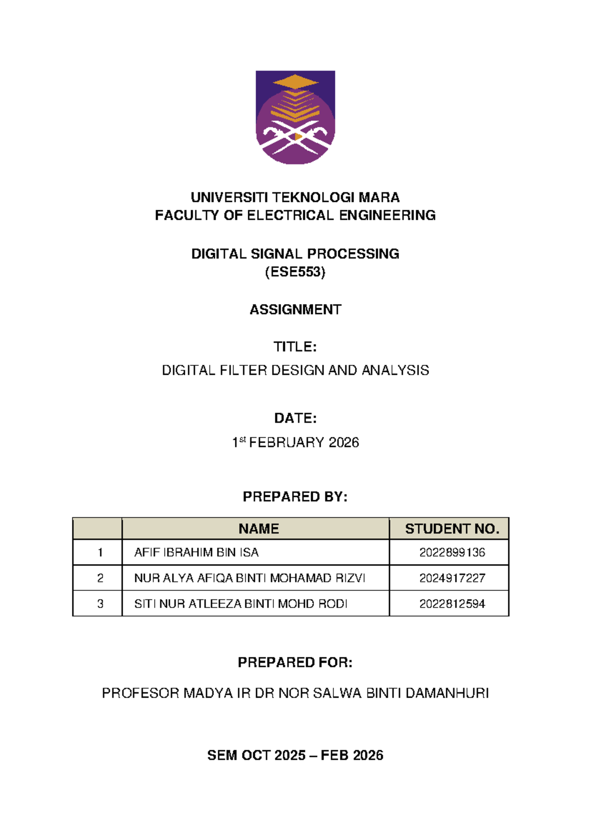 ESE553 Digital Filter Design & Analysis Assignment Report - Studocu