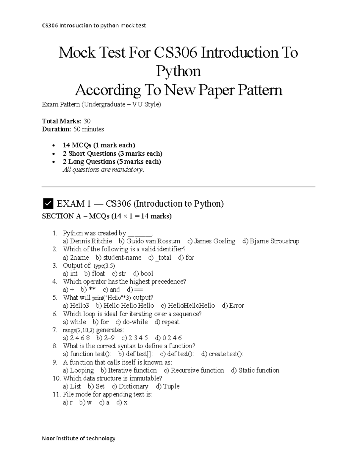 CS306 Mock Test: Introduction to Python - Studocu