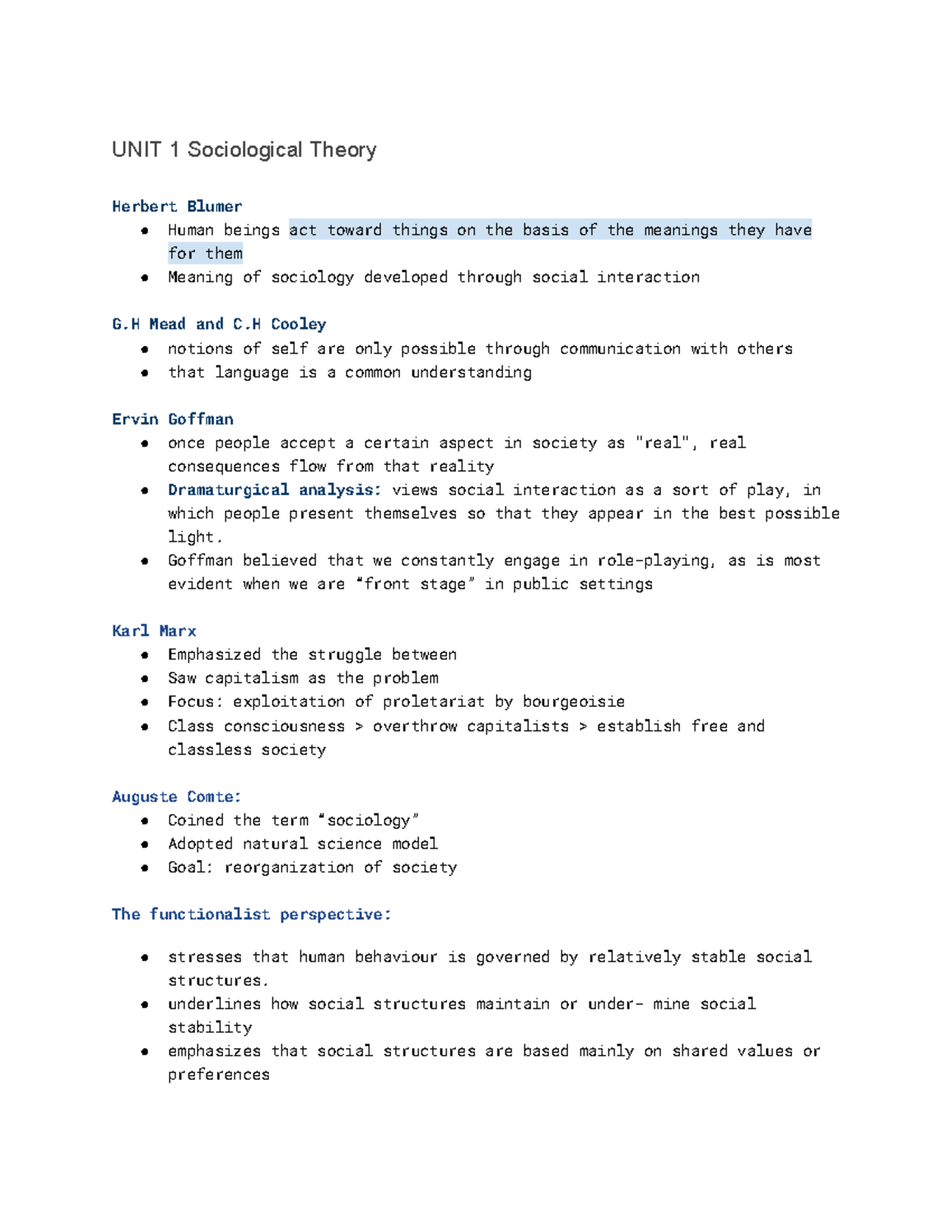 Final Exam Review - UNIT 1 Sociological Theory Herbert Blumer Human ...